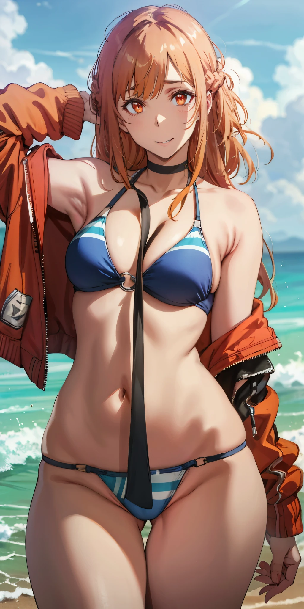 orange hair, fold, braid, long hair, orange eyes, 1girl,swimsuit, jacket, red_jacket, breasts, bikini, navel, ass_visible_through_thighs, looking_at_viewer, o-ring, sky, choker, thigh_gap, outdoors, solo, cloud, day, collarbone, multi-strapped_bikini, black_bikini, bare_shoulders, open_jacket, open_clothes, off_shoulder, cowboy_shot, black_choker, blue_sky, ocean, cleavage, skindentation, lips, medium_breasts, water, stomach, beach, track_jacket, glow effects, godrays, Hand drawn, render, 8k, octane render, cinema 4d, blender, dark, atmospheric 4k ultra detailed, cinematic, Sharp focus, big depth of field, Masterpiece, colors, 3d octane render, 4k, concept art, trending on artstation, hyperrealistic, Vivid colors, extremely detailed CG unity 8k wallpaper, trending on CGSociety, Intricate, High Detail, dramatic, steaming face, steaming, 