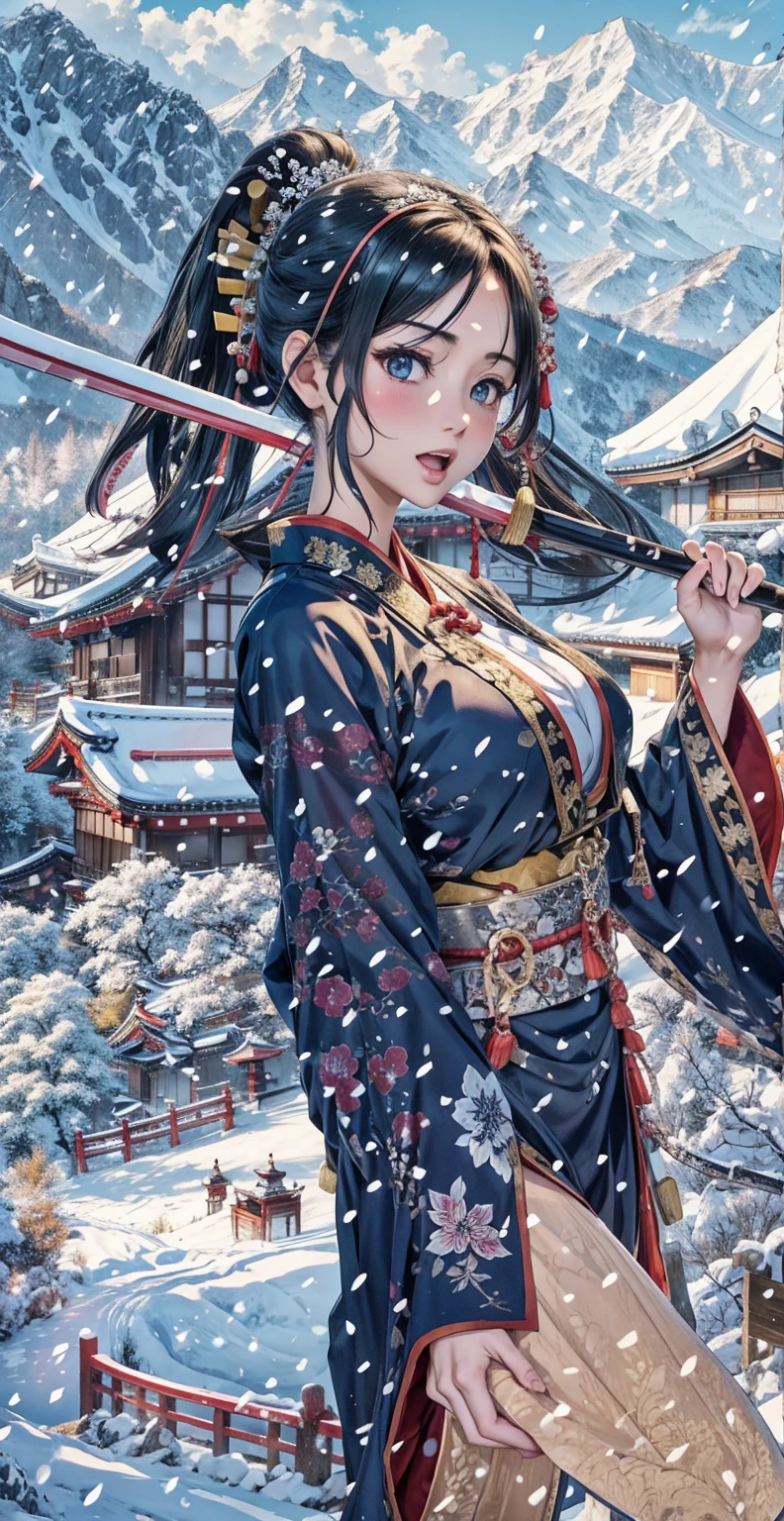 Sengoku period、Deep in the mountains of Japan、Shrine deep in the mountains、Snow Mountain、It's snowing、He has a Japanese sword in his left hand.
