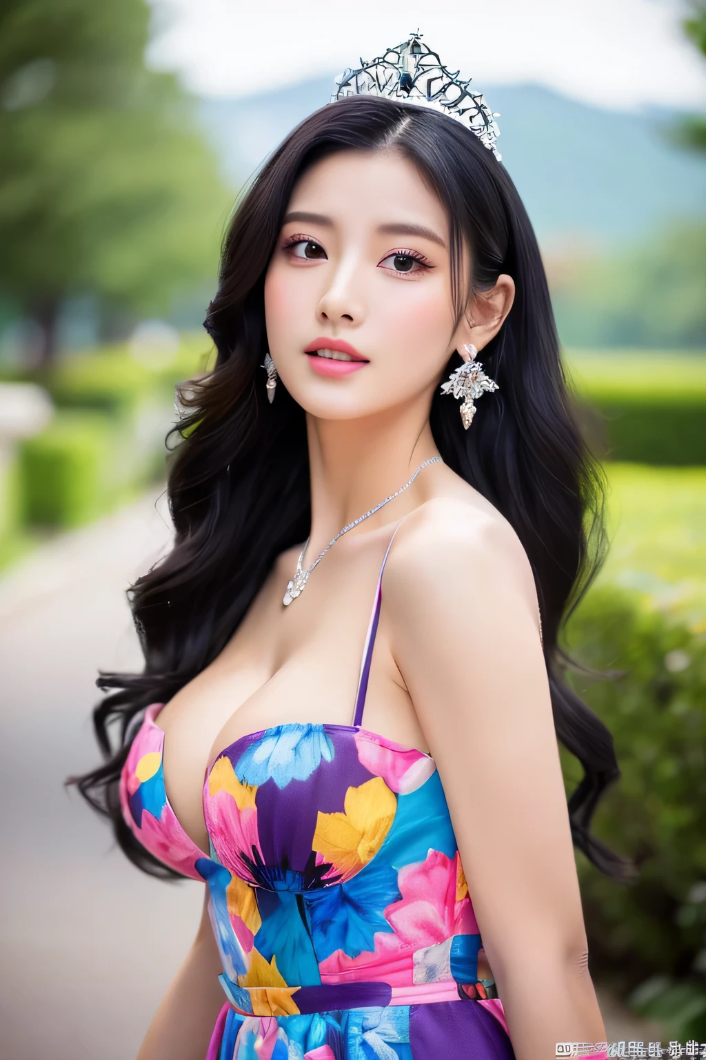 ((Highest quality, 8K, masterpiece :1.3)), whole body, Sharp focus :1.2, Beautiful woman with perfect figure :1.4, Slim Abs :1.2, ((Long black hair,  :1.2)), Korean Beauty、21 years old、Princess、Princess Dress、In the castle、 playing、Highly detailed face and skin texture, double eyelid, Large ,  , Various expressions、cute、、Colorful  clothes、Standing pose、Gorgeous Dress、tiara、Large earrings、rich、