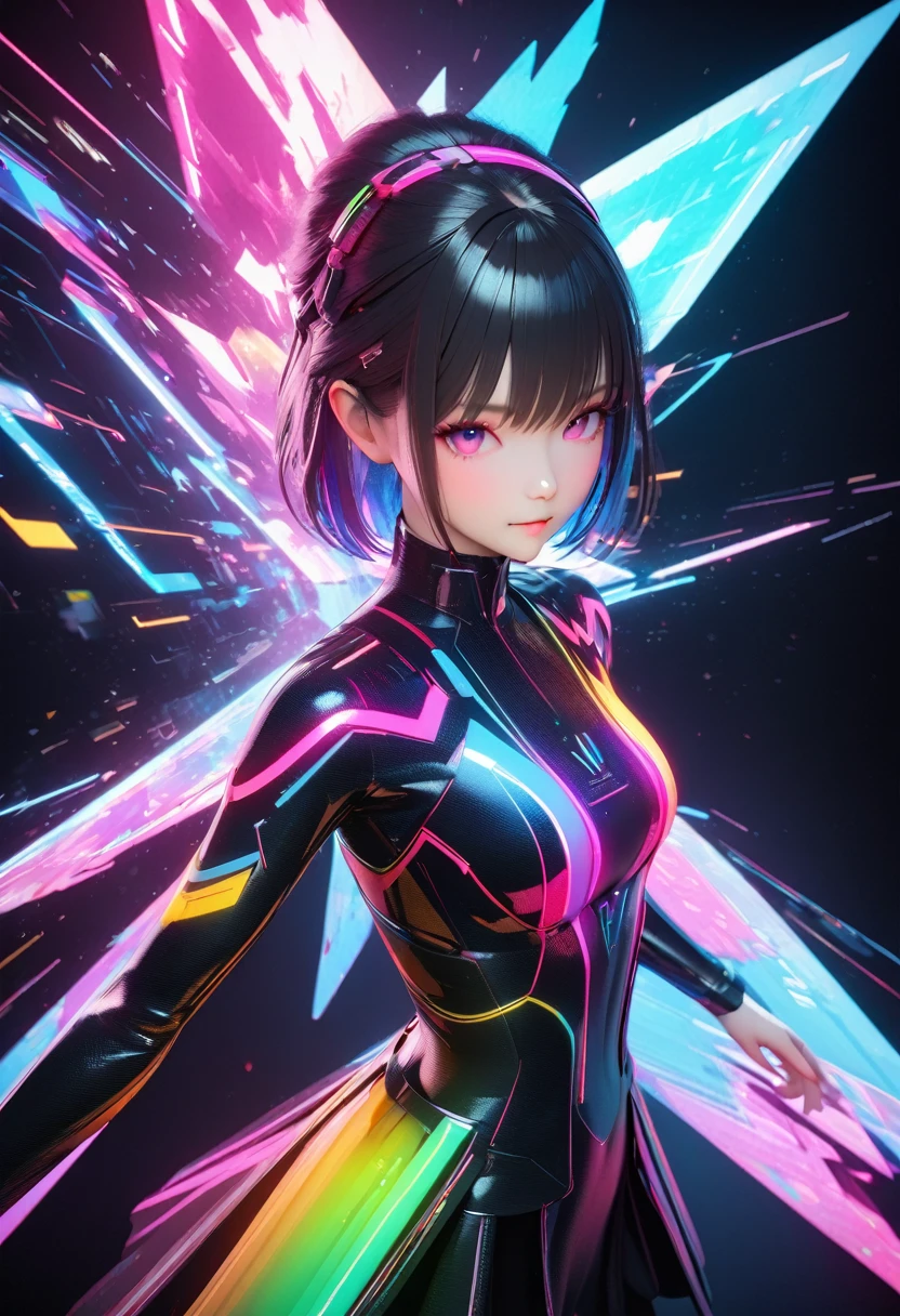 holography, Draw in neon colors:1 Girl:future, , 3D, Light, sf, Digital art, Digital, scientific, Dark Background: electronic circuit: Draw in neon colors, 3d, masterpiece, Digital空間, energy, beautiful, masterpiece, 8K, Light, become close, Vibrant, colorful, Nice, beautiful, Rich colors, beautiful Light Lines. Magical Effects, Sparkling, beautiful Light Grains
