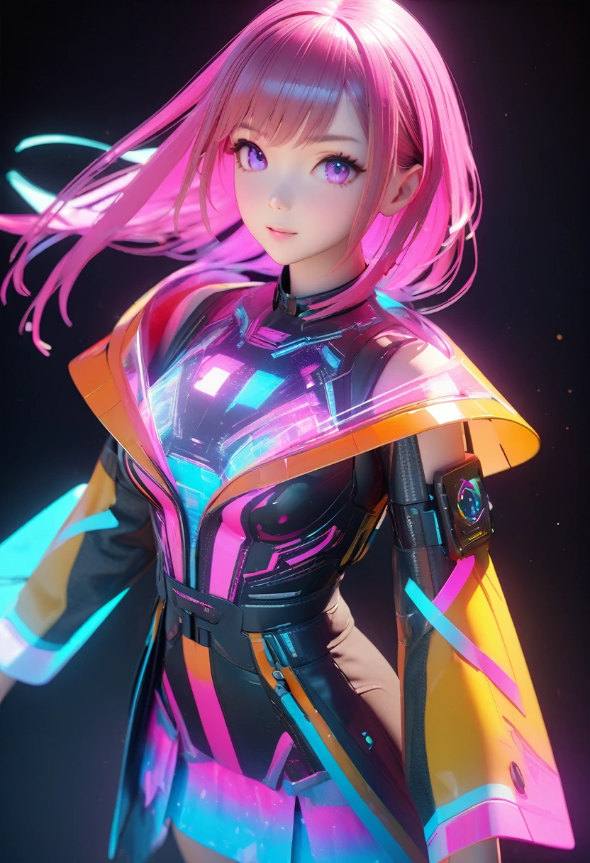 holography, Draw in neon colors:1 Girl:future, transparent, 3D, Light, sf, Digital art, Digital, scientific, Dark Background: electronic circuit: Draw in neon colors, 3d, masterpiece, Digital空間, energy, beautiful, masterpiece, 8K, Light, become close, Vibrant, colorful, Nice, beautiful, Rich colors, beautiful Light Lines. Magical Effects, Sparkling, beautiful Light Grains