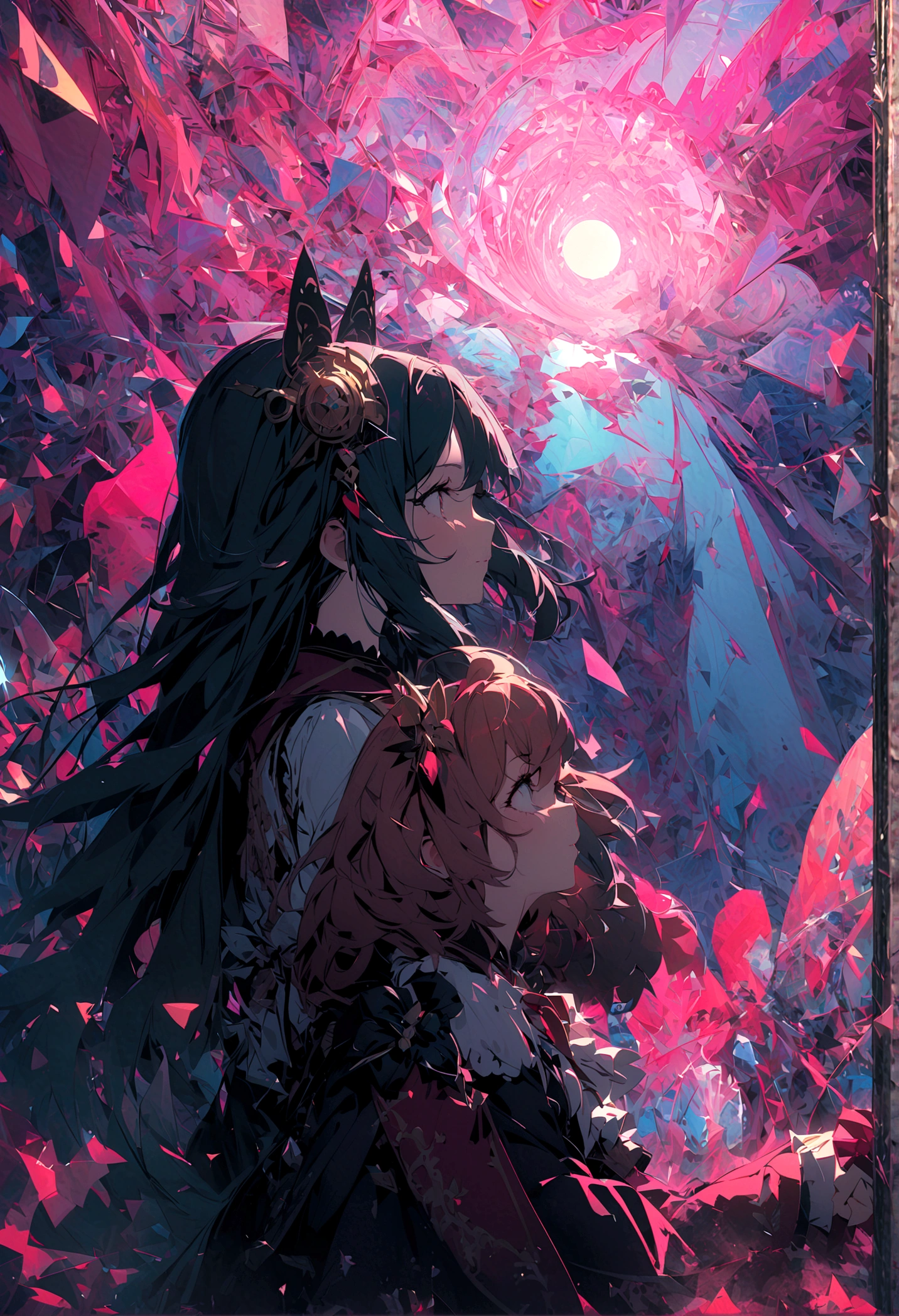 2 girls\(Akemi_Flame Village\(Magical Girl Maggie Maddox\) and Kaname_A Yuan\(Magical Girl Maggie Maddox\)\) Holding Hands,Geometric chaotic background,(In a very psychedelic nightmare:1.2), rest ,quality\(8K,Extremely detailed CG unit wallpaper, masterpiece,high resolution,top-quality,top-quality real texture skin,Surrealism,提high resolution,original photo,Best quality,Very detailed,wallpaper,light,Ray Tracing,Golden Ratio\),(Long Shot:0.5),(landscape:0.5),Vague