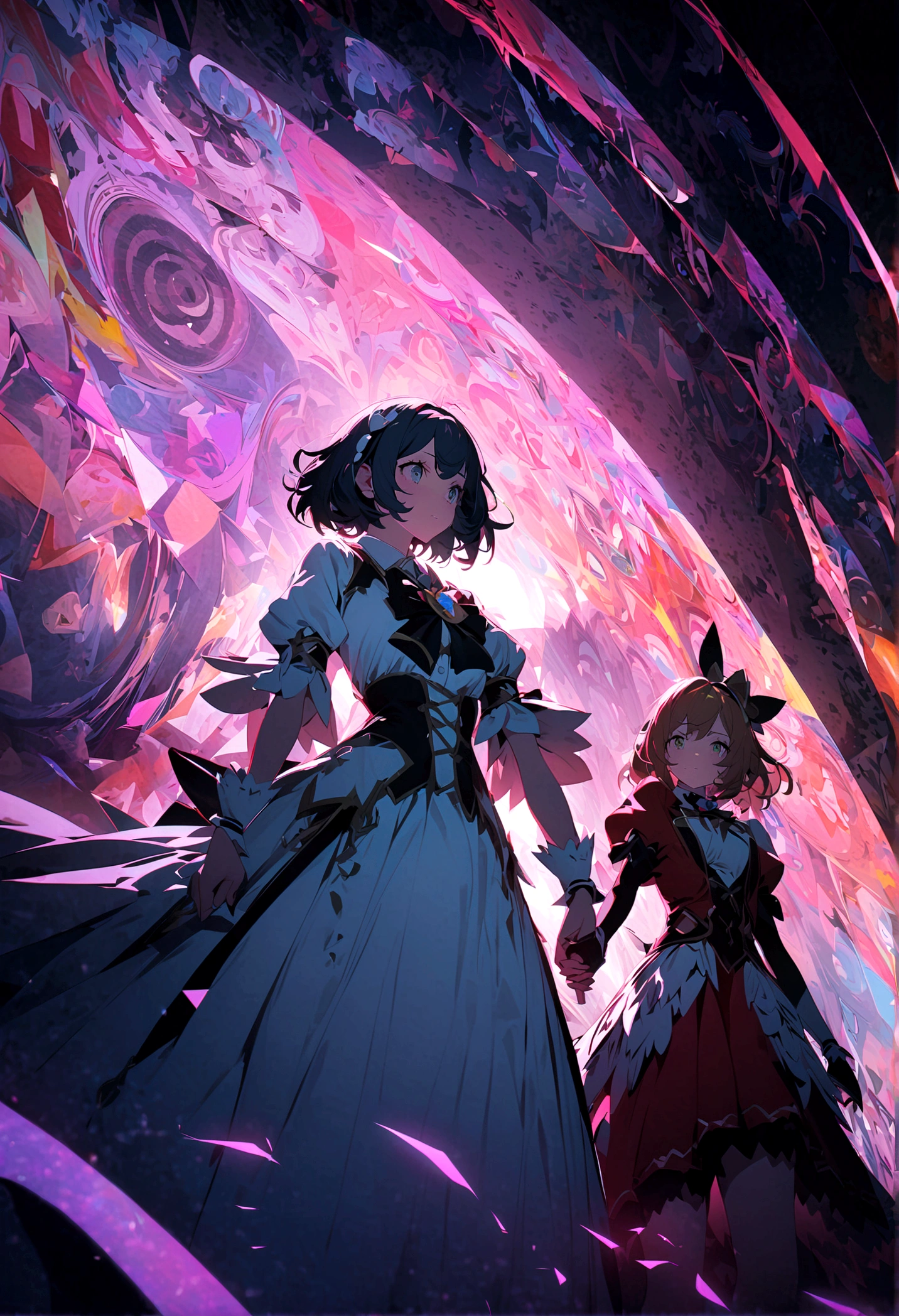 2 girls\(Akemi_Flame Village\(Magical Girl Maggie Maddox\) and Kaname_A Yuan\(Magical Girl Maggie Maddox\)\) Holding Hands,Geometric chaotic background,(In a very psychedelic nightmare:1.2), rest ,quality\(8K,Extremely detailed CG unit wallpaper, masterpiece,high resolution,top-quality,top-quality real texture skin,Surrealism,提high resolution,original photo,Best quality,Very detailed,wallpaper,light,Ray Tracing,Golden Ratio\),(Long Shot:0.5),(landscape:0.5),Vague