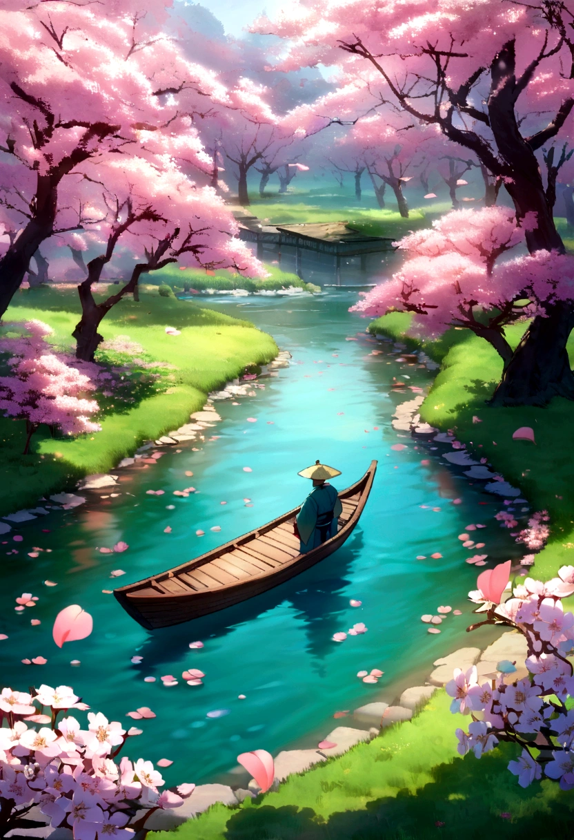 A fisherman（Back Shadow） from the Jin Dynasty gently rowed a small wooden boat along a creek when a dense, low-hanging peach blossom forest appeared before him. Peach branches extended over the creek, and the forest stretched along both banks for hundreds of meters. The grass beneath the trees was dotted with colorful wildflowers. Peach blossom petals fell like rain, dancing in the air and settling on the ground and in the creek. There were no buildings in sight. The scene was dominated by peach blossoms, with 80% of the view filled with their bright and cheerful hues.