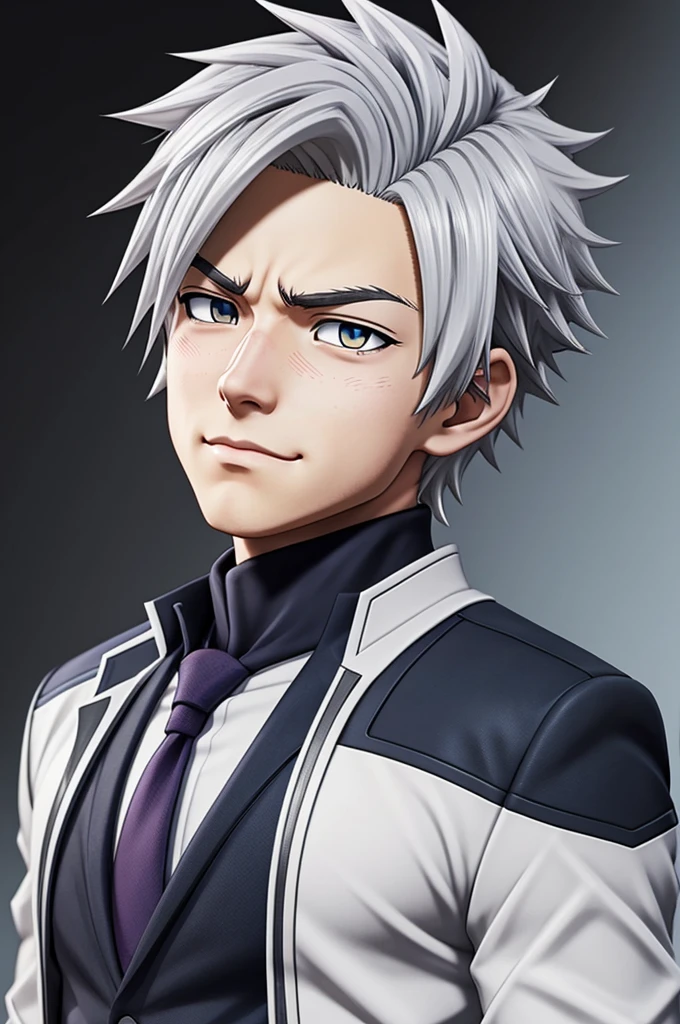 Create me a new character from the anime of my Hero Academia that is male that is like a 14 year old boy out there that has white hair gray eyes and a very good suit