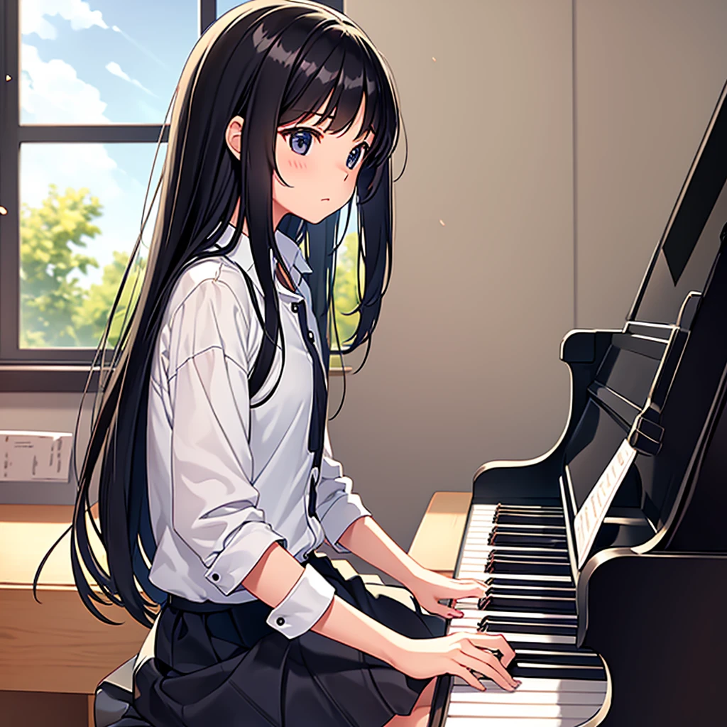 A third grade elementary school girl is playing the piano alone in her room. The girl has long black hair. The girl is wearing a . The hand tips are carefully drawn.