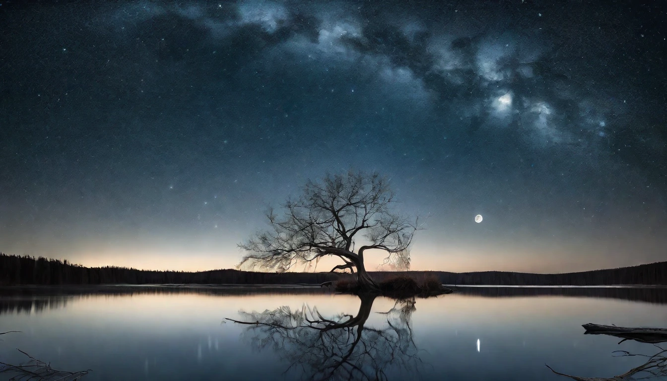 A hauntingly beautiful night scene. A bare tree stands alone in the middle of a large, serene lake, its gnarled branches reaching towards the sky. The tree is illuminated by the soft, silver light of the full moon, which reflects off the calm surface of the water, creating a mirror-like effect. The night sky is clear, filled with twinkling stars that add to the mystical ambiance. The tree's reflection in the lake adds depth to the scene, while gentle ripples on the water's surface create a sense of movement. Surrounding the lake are dark, shadowy outlines of distant hills and forests, contributing to the tranquil and enigmatic atmosphere. The entire scene captures the quiet beauty and mystery of nature under the moonlight.