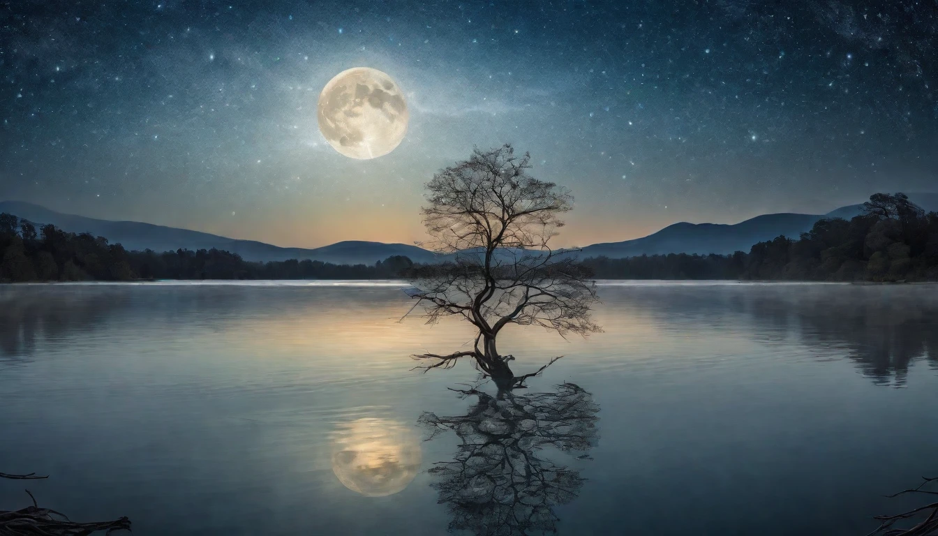 A hauntingly beautiful night scene. A bare tree stands alone in the middle of a large, serene lake, its gnarled branches reaching towards the sky. The tree is illuminated by the soft, silver light of the full moon, which reflects off the calm surface of the water, creating a mirror-like effect. The night sky is clear, filled with twinkling stars that add to the mystical ambiance. The tree's reflection in the lake adds depth to the scene, while gentle ripples on the water's surface create a sense of movement. Surrounding the lake are dark, shadowy outlines of distant hills and forests, contributing to the tranquil and enigmatic atmosphere. The entire scene captures the quiet beauty and mystery of nature under the moonlight.
