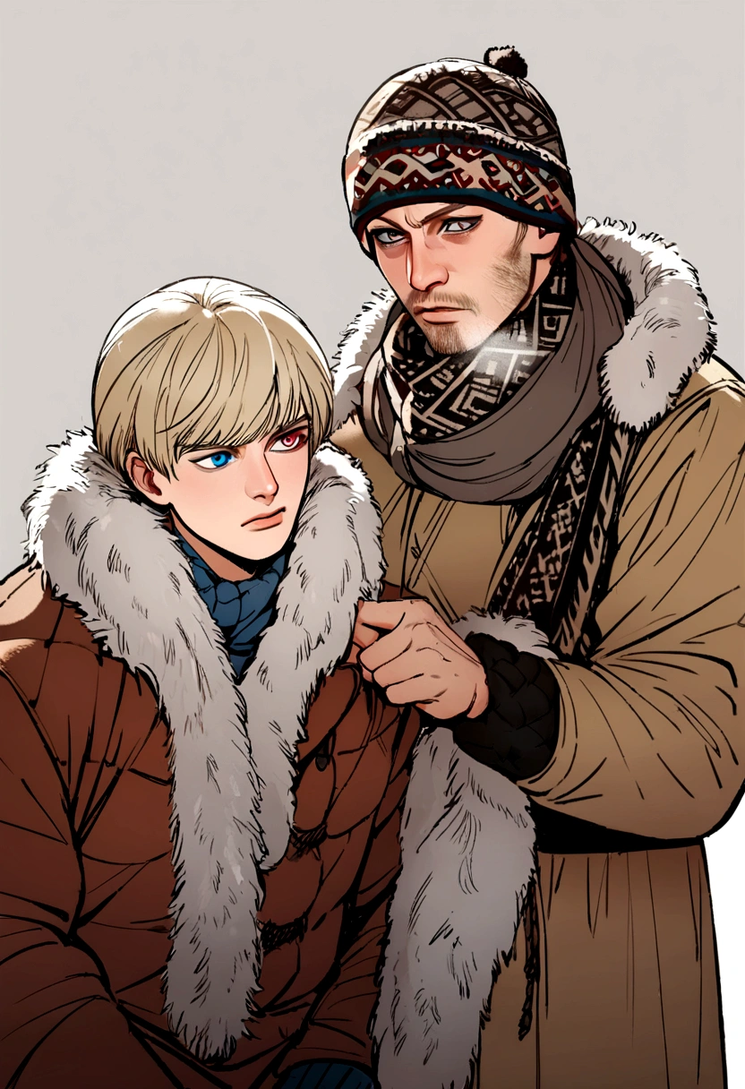 Male, dirty blond hair, has heterochromia, one blue eye, and the other color brown, russian, slavic, using winter clothes