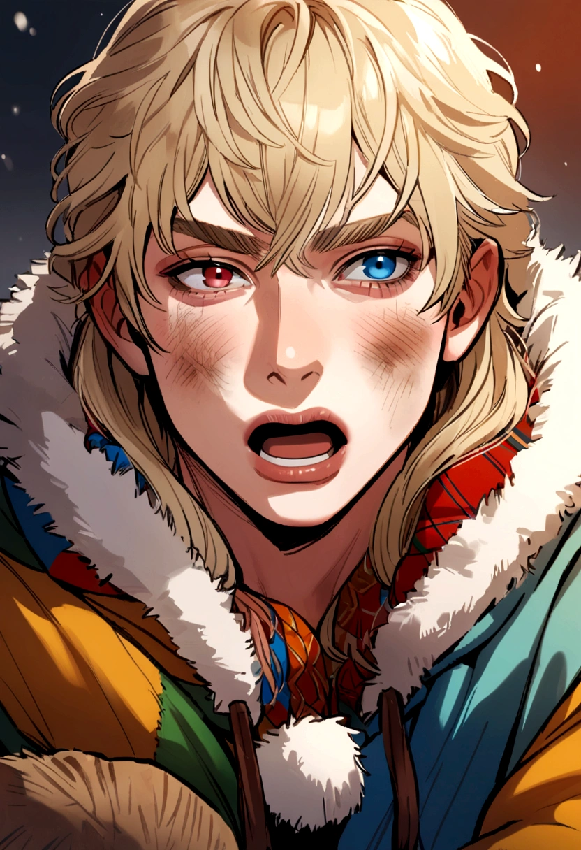 Male, dirty blond hair, has heterochromia, one blue eye, and the other color brown, russian, slavic, using winter clothes