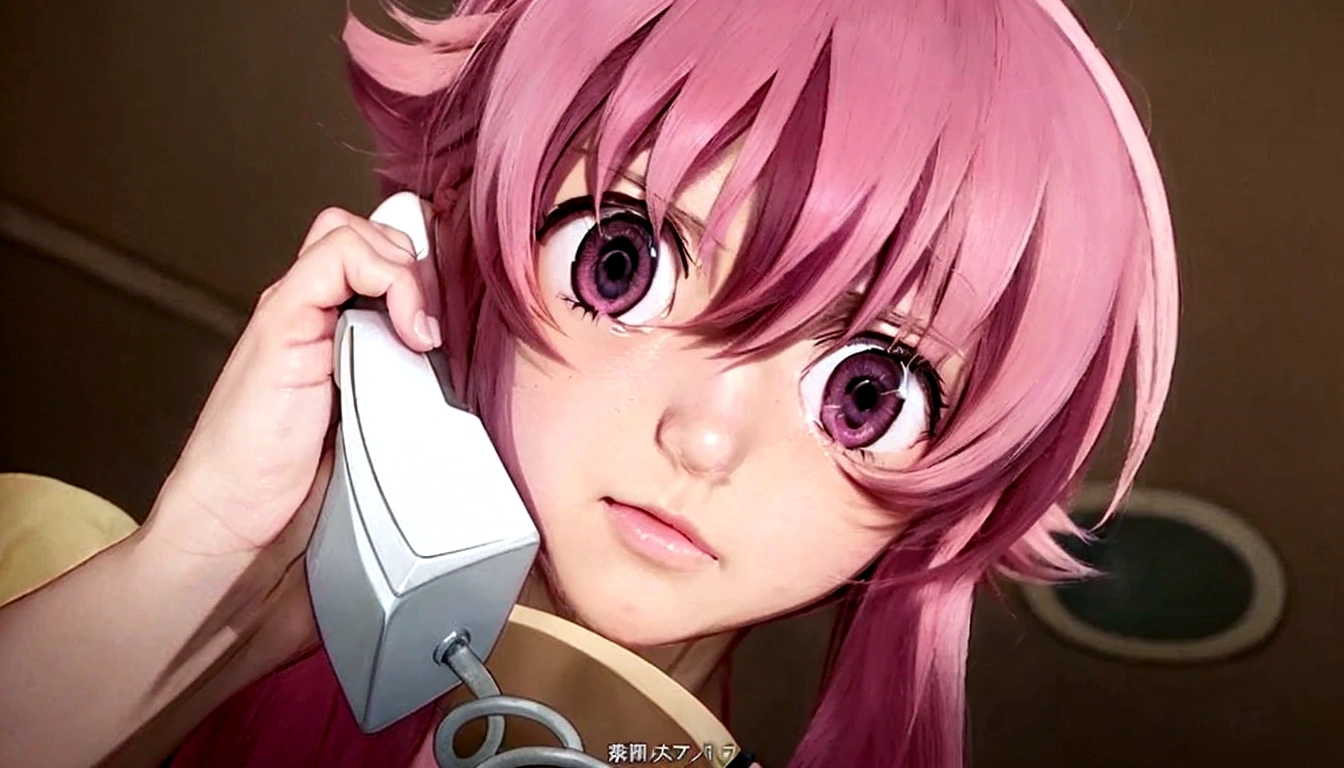 Anime girl with pink hair and realistic pink eyes talking on cell phone., Mirai Nikki, Chica anime realista llamada Gasai Yuno, realistic nose realistic pink eyes, Gasai Yuno, closeup of another iwakura, Gasai Yuno, Gasai Yuno, she has a nice expressive face, Gasai Yuno, screenshot from a 2012 anime, in the anime movie, scene!!, Shocking