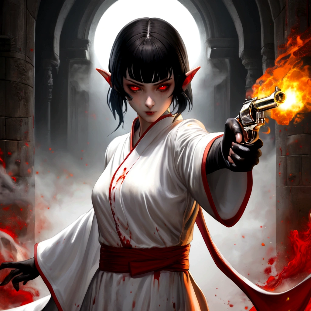 High quality, 4k, hd, black hair, female, holding a gun, glowing red eyes, white monk robe outfit, masterpiece, grim background, 1 girl, blood drenched clothes, steam coming out of eyes, elf ears, in hell background, all white gloves, angry