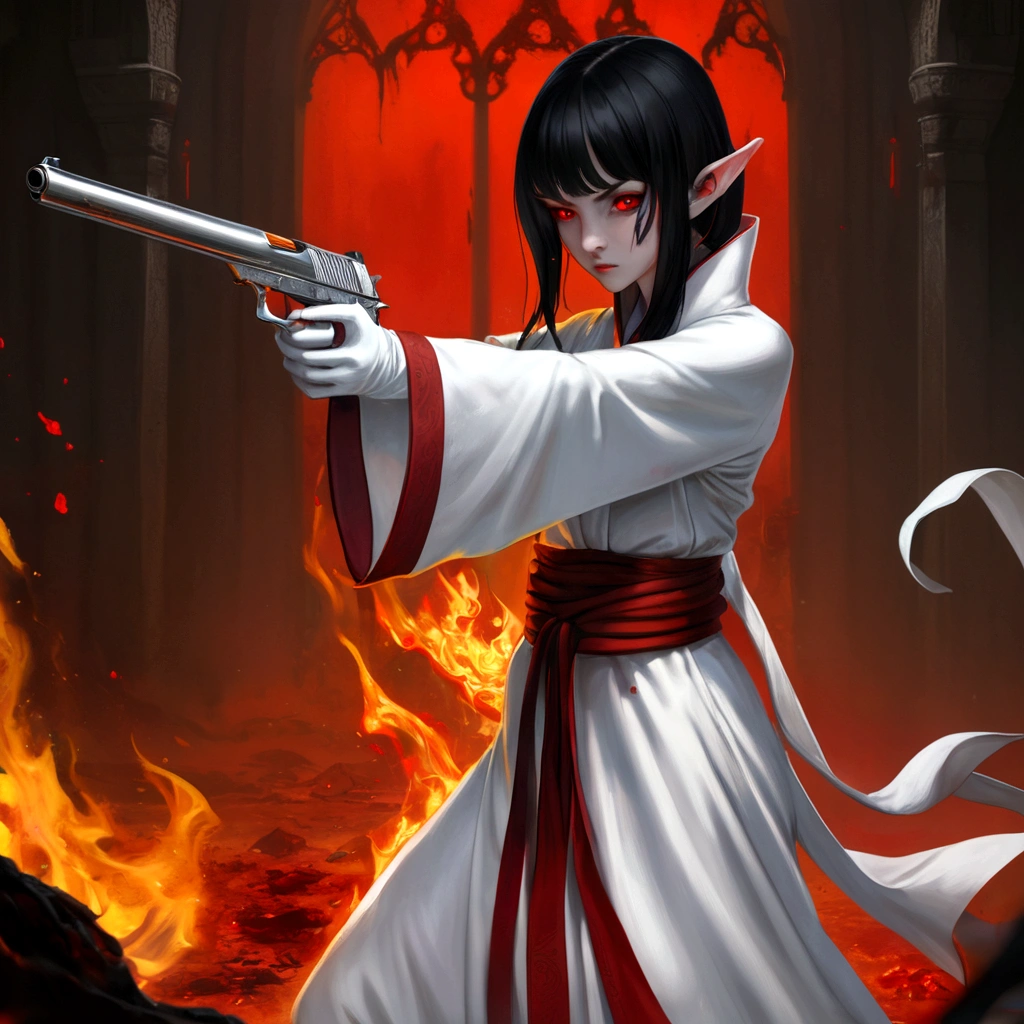 High quality, 4k, hd, black hair, female, holding a gun, glowing red eyes, white monk robe outfit, masterpiece, grim background, 1 girl, blood drenched clothes, steam coming out of eyes, elf ears, in hell background, all white gloves, angry