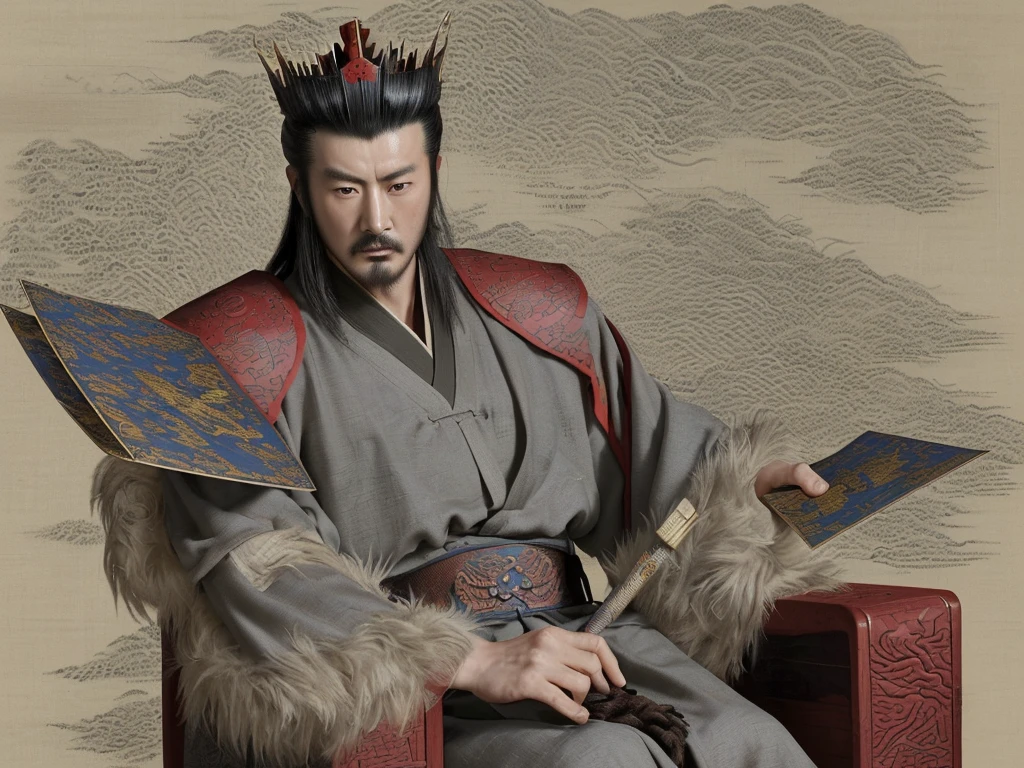 a rough texture and visible brush strokes,A cunning and strategic portrait of Cao Cao, a warlord from the Three Kingdoms era. He wears a royal robe with dragon patterns, a crown, and has a sharp, intelligent look. He is seated on a throne, holding a fan, surrounded by maps and scrolls.