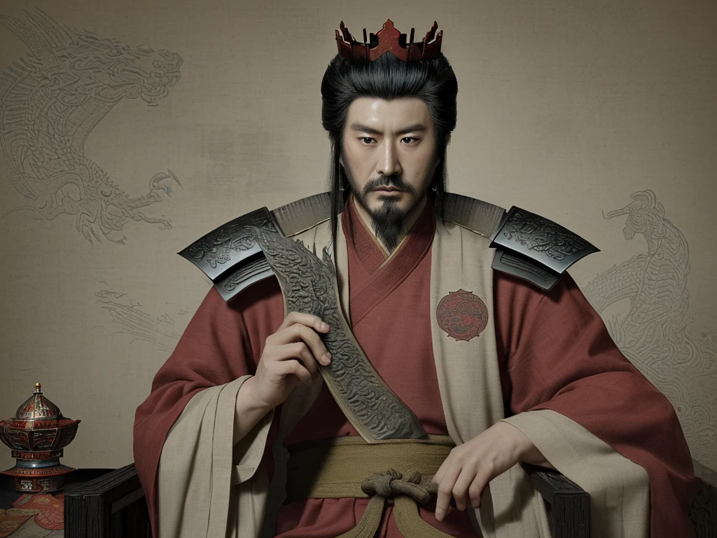 a rough texture and visible brush strokes,A cunning and strategic portrait of Cao Cao, a warlord from the Three Kingdoms era. He wears a royal robe with dragon patterns, a crown, and has a sharp, intelligent look. He is seated on a throne, holding a fan, surrounded by maps and scrolls.
