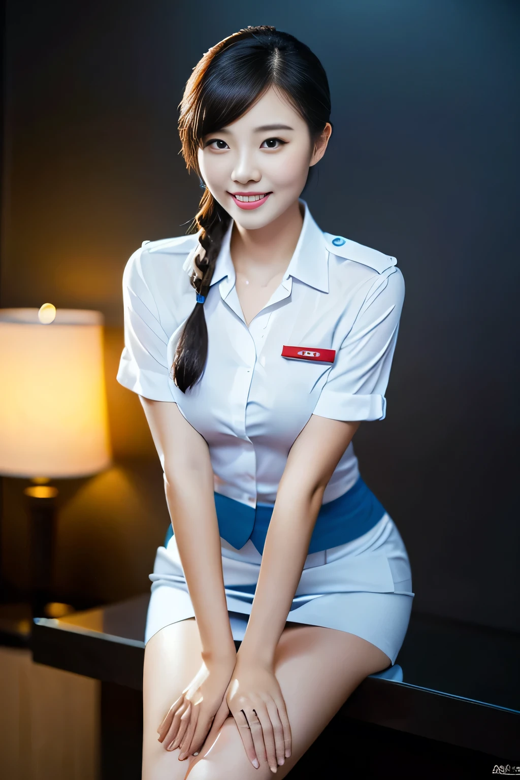 (a gorgeous lady, age 22, Flight Attendant uniform, Shenzhen Airlines Stewardess, wet white shirt, wet red mini-skirt, kneeling in a bathroom, dimpled smile, short ponytail hair, short bob hair, cute snaggle-tooth, well-endowed round bosom, long flawless legs, photorealistic, beautiful detailed eyes, beautiful detailed face, hyper-realism, high contrast, ultra HD, realistic skin textures, top image quality, top-quality, super high resolution, fine details, very meticulously, close-up shot, head to thigh, masterpiece, romantic night, dark bokeh background)