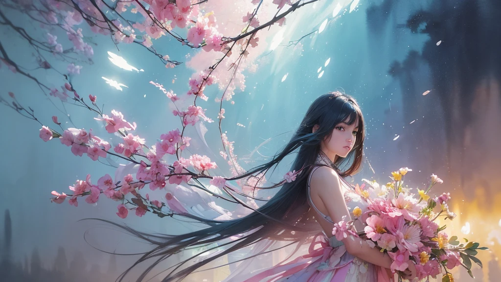 32k, Masterpiece, Highest quality, One girl, Detailed eyes, flower,Alstroemeria, Pink and light blue style,A dreamy, romantic piece,Pale yellow, Mysterious Leaves,A playful arrangement,Fantasy,High Contrast,Ink strokes,explosion,Exposure, Impression of pink and light blue tones,Abstract,((Watercolours by John Berkey and Jeremy Mann )) Brush strokes,Negative Space, Tyndall effect,