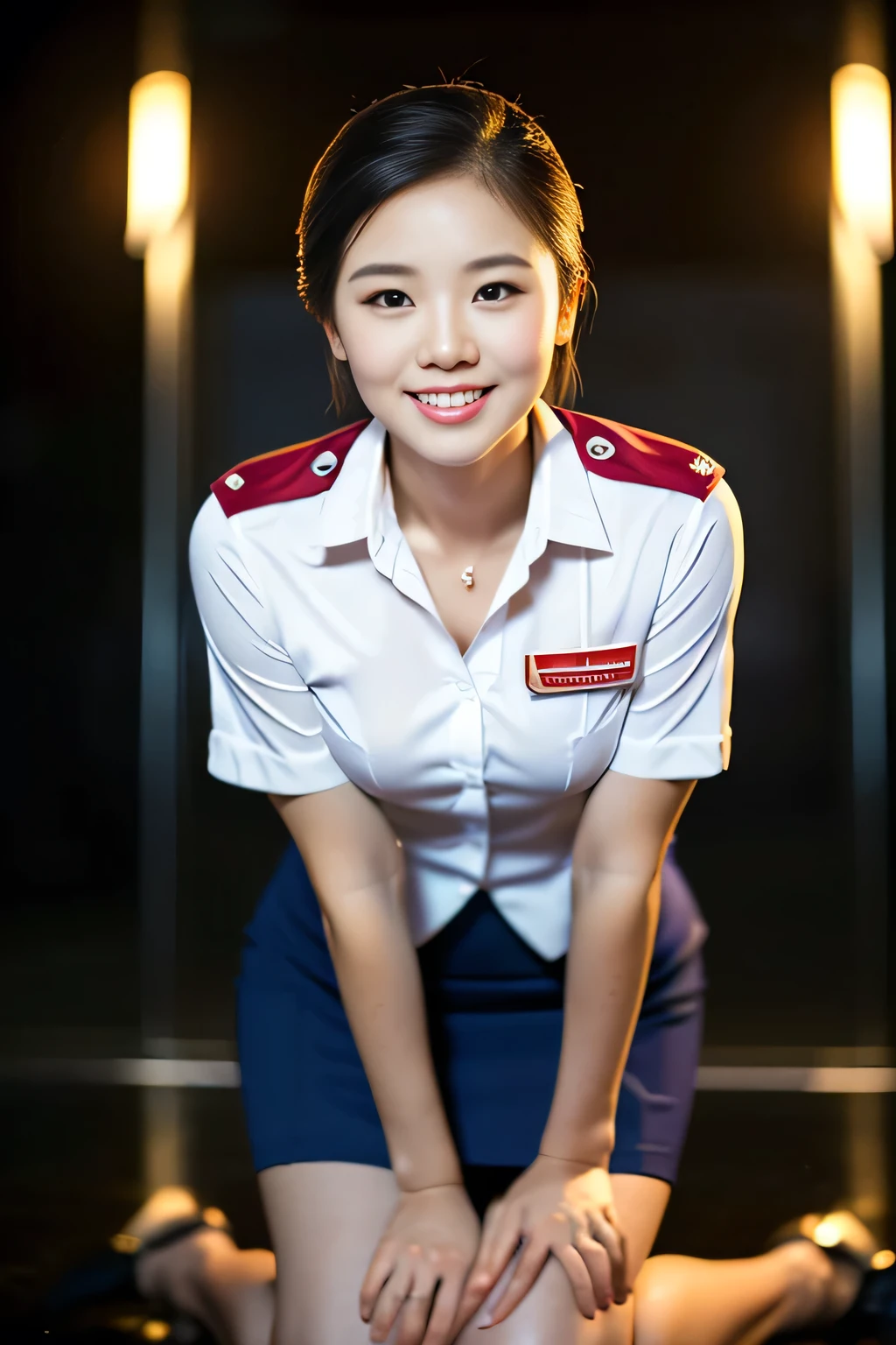 (a gorgeous lady, age 22, Flight Attendant uniform, Shenzhen Airlines Stewardess, wet white shirt, wet red mini-skirt, kneeling in a bathroom, dimpled smile, short ponytail hair, short bob hair, cute snaggle-tooth, well-endowed round bosom, long flawless legs, photorealistic, beautiful detailed eyes, beautiful detailed face, hyper-realism, high contrast, ultra HD, realistic skin textures, top image quality, top-quality, super high resolution, fine details, very meticulously, close-up shot, head to thigh, masterpiece, romantic night, dark bokeh background)