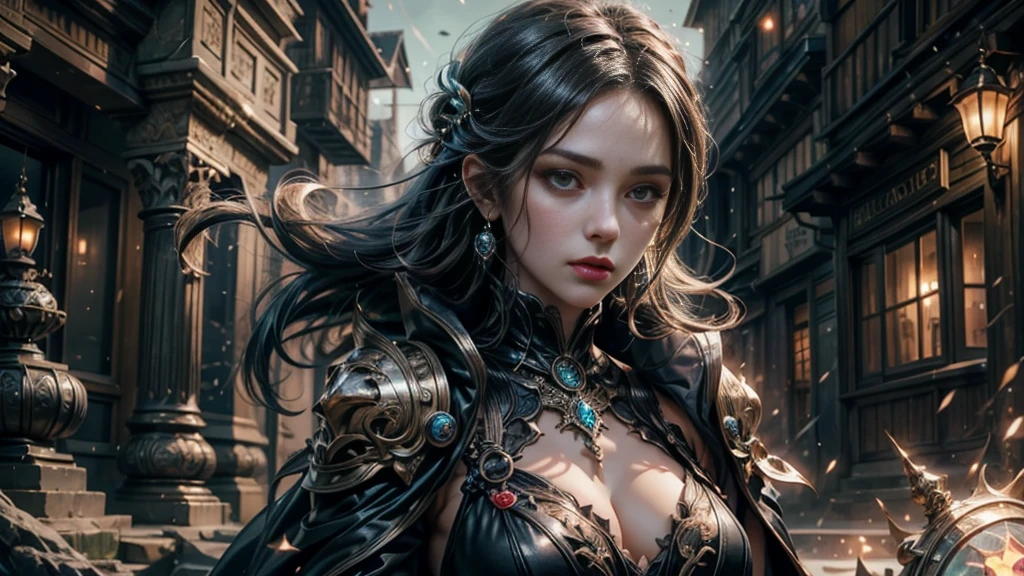 Female Mage Close-up, Girl in robe, 2. 5D CGI anime fantasy artwork, Large Breasts,Epic fantasy digital art style, detailed Digital 2D fantasy art, Digital 2D fantasy art, Gorgeous female mage,Looking at the camera,(glowing magic:1.7) Role Playing Game Character Art, Beautiful female mage, Fantasy Character Art, Epic and beautiful character art, Beautiful female mage,(Edinburgh Street:1.8),light rain,semi-body photography,Looking at the camera