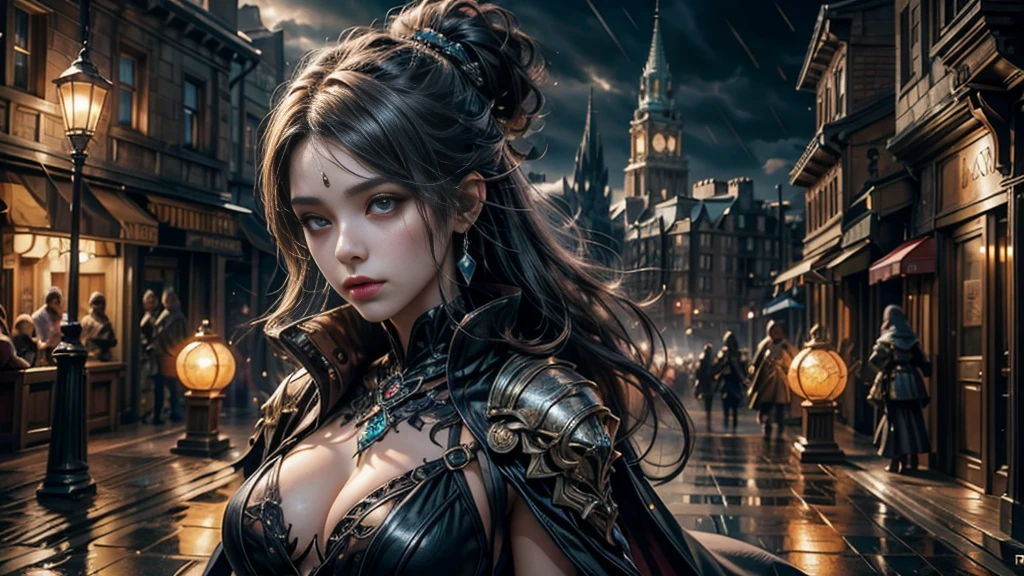 Female Mage Close-up, Girl in robe, 2. 5D CGI anime fantasy artwork, Large Breasts，Epic fantasy digital art style, detailed Digital 2D fantasy art, Digital 2D fantasy art, Gorgeous female mage,Looking at the camera，（glowing magic：1.7） Role Playing Game Character Art, Beautiful female mage, Fantasy Character Art, Epic and beautiful character art, Beautiful female mage，（Edinburgh Street：1.8），light rain，semi-body photography，Looking at the camera