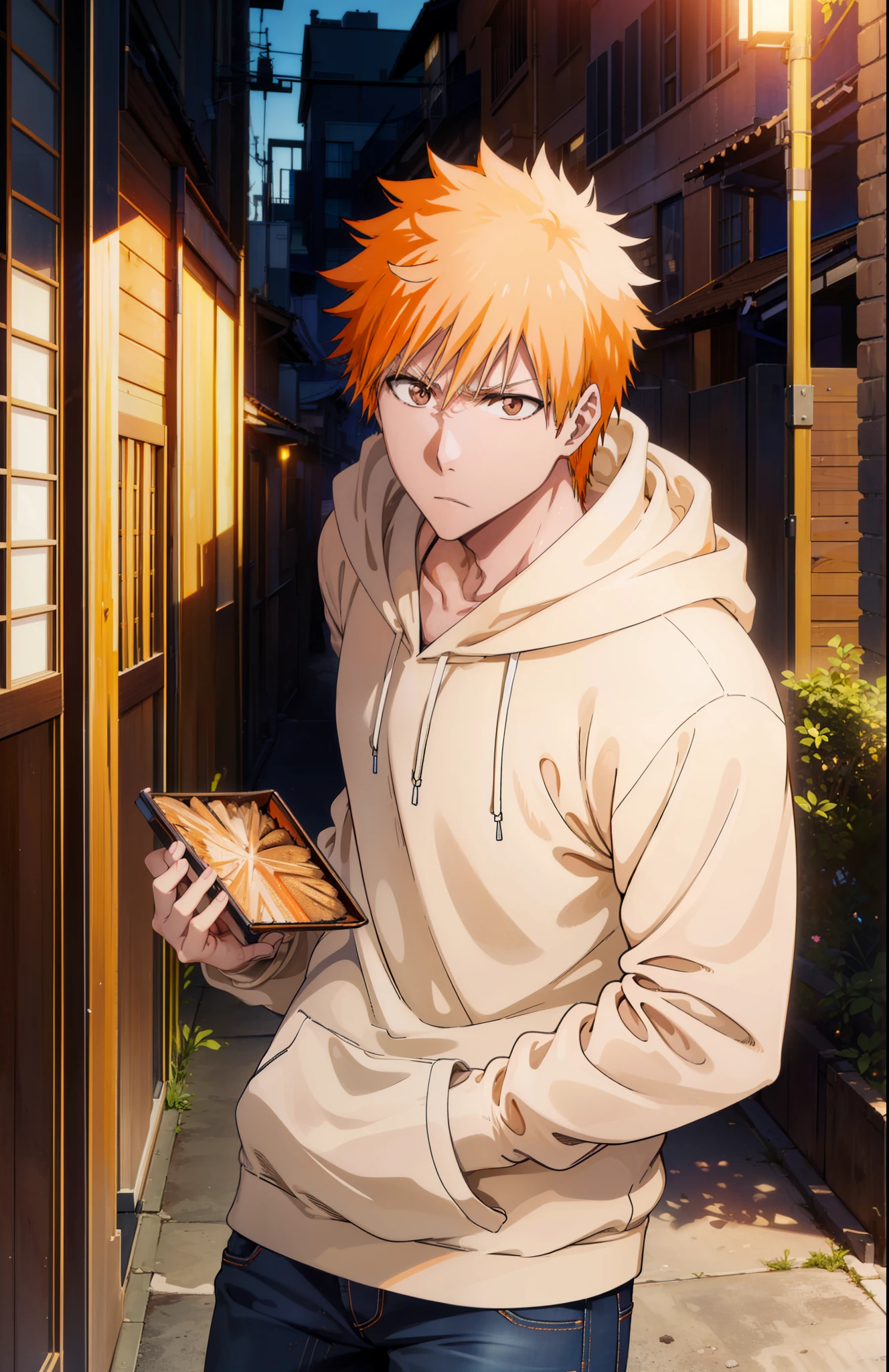 Ichigokurosaki, Ichigo Kurosaki, short hair, Orange Hair, Spiked Hair, (Brown eyes:1.5),
Oversized black hoodie,jeans,White sneakers,Walking,whole bodyがイラストに入るように,Daytime,Cold Sky, He has his hands in his hoodie pockets.,
break looking at viewer, whole body,
break outdoors, Building district,
break (masterpiece:1.2), Highest quality, High resolution, unity 8k wallpaper, (figure:0.8), (Beautiful attention to detail:1.6), Highly detailed face, Perfect lighting, Highly detailed CG, (Perfect hands, Perfect Anatomy),