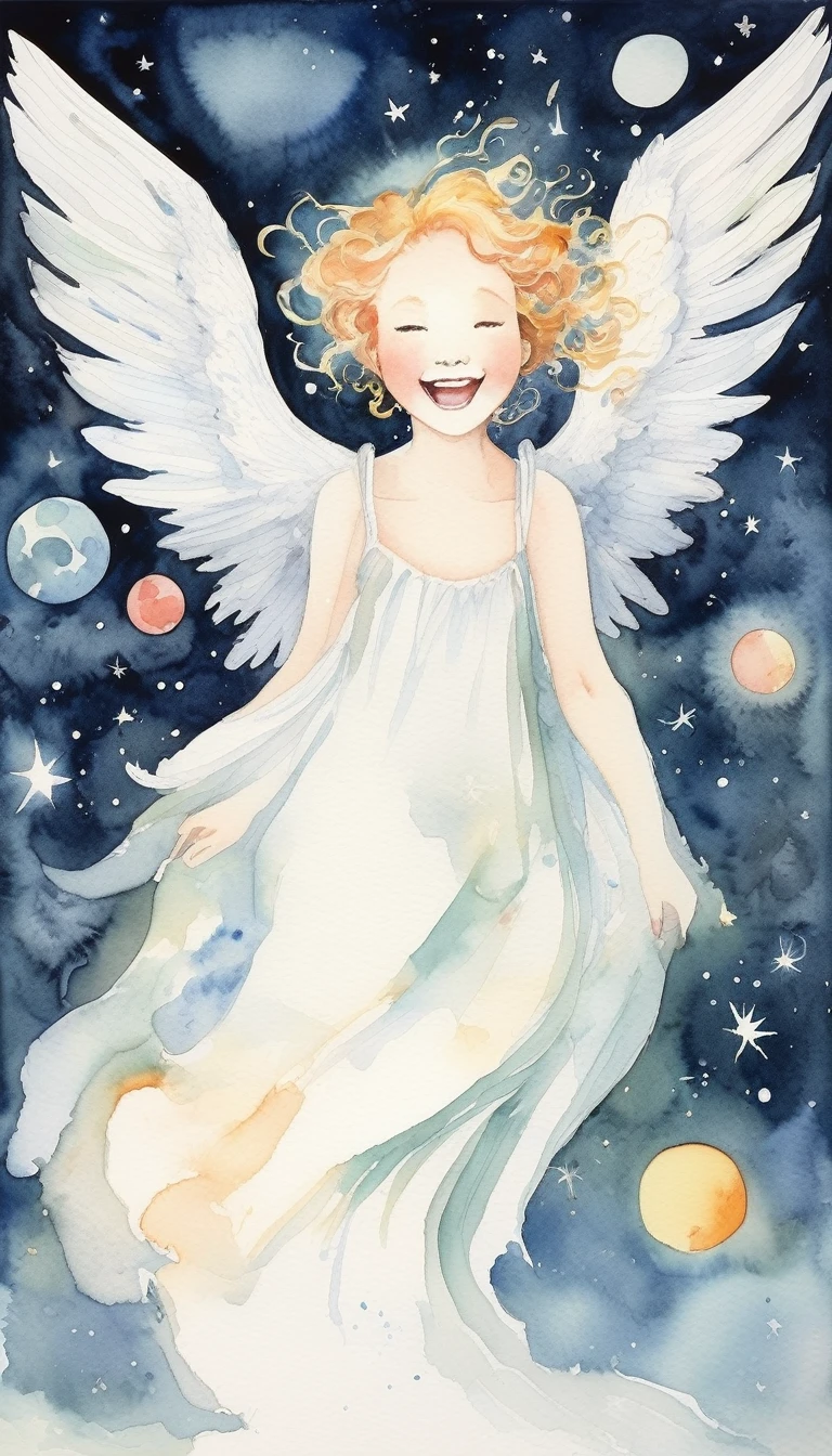 Watercolor,(Upper Body)Angel laughing, Magical fairy tale,, Deep space sky, style (Junko Kitano)