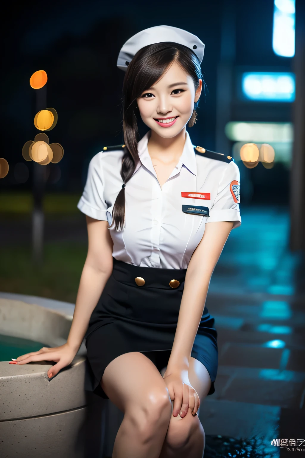 (a gorgeous lady, age 21, Flight Attendant uniform, Shenzhen Airlines Stewardess, wet white shirt, wet red mini-skirt, kneeling in a bathroom, dimpled smile, short ponytai hair, short bob hair, cute snaggleteeth, well-endowed round bosom, long flawless legs, photorealistic, beautiful detailed eyes, beautiful detailed face, hyper-realism, high contrast, ultra HD, realistic skin textures, top image quality, top-quality, super high resolution, fine details, very meticulously, close-up shot, head to thigh, romantic night, dark bokeh background)