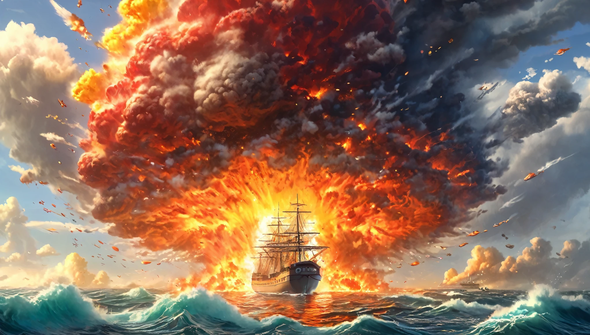 masterpiece, best quality, extremely detailed, hyperrealistic, photorealistic, sea, ship, explosion, red and yellow and orange fire, shock wave, mushroom cloud
