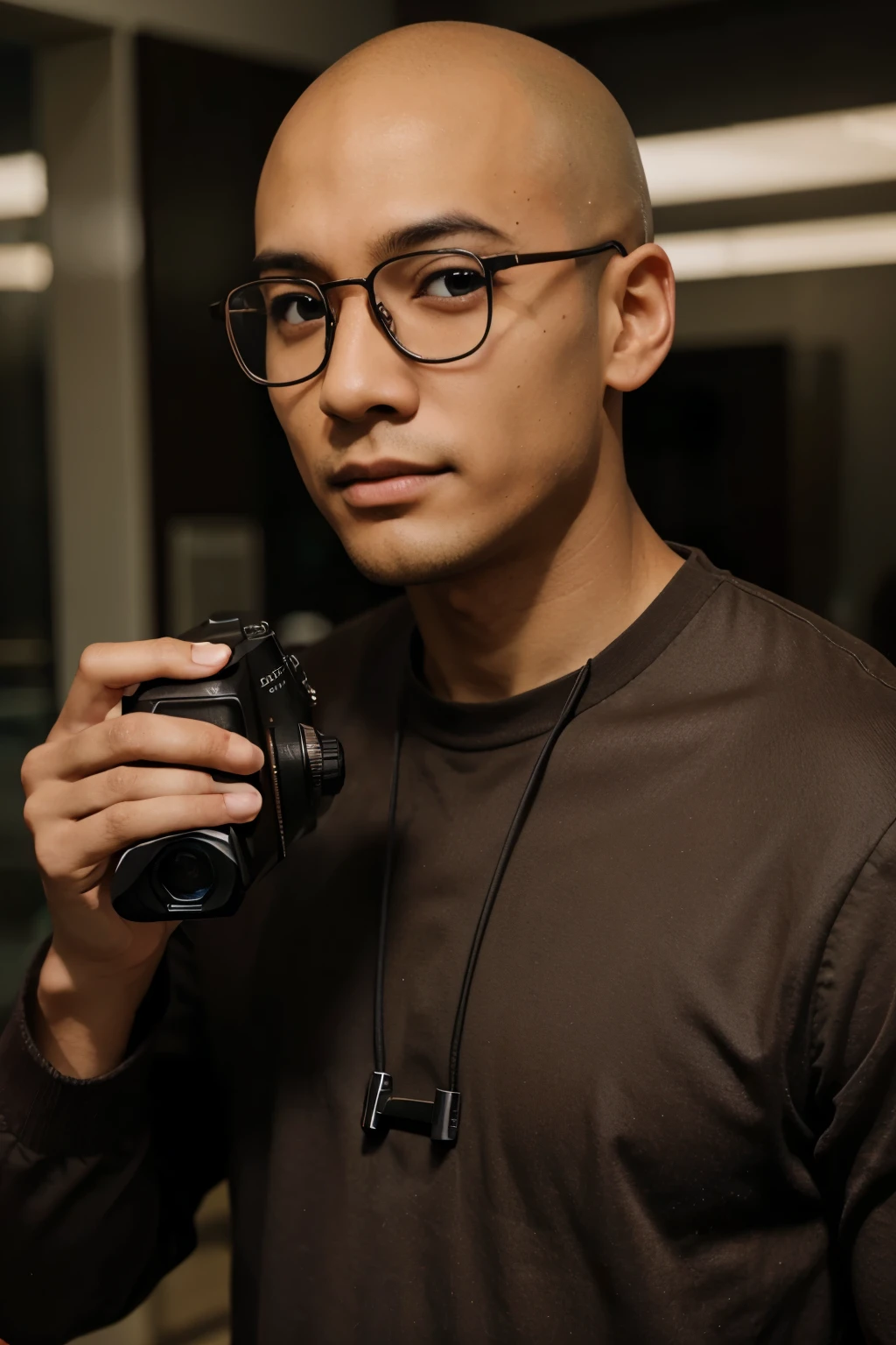 male anime bald asian dark brown skin eye glasses holding a camera