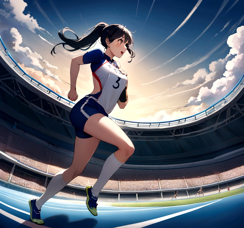 A Japanese woman with black hair and fair skin is running on the track at a stadium,A tense race,The following runners also catch up,Midsummer Day,There are cumulonimbus clouds,A scene that radiates the tension and excitement of a high-level competition in the world of athletics,Wearing a competition uniform and bib number,Capture a decisive moment from in front of the goal,White funiform and navy blue shorts,A large audience also watches,