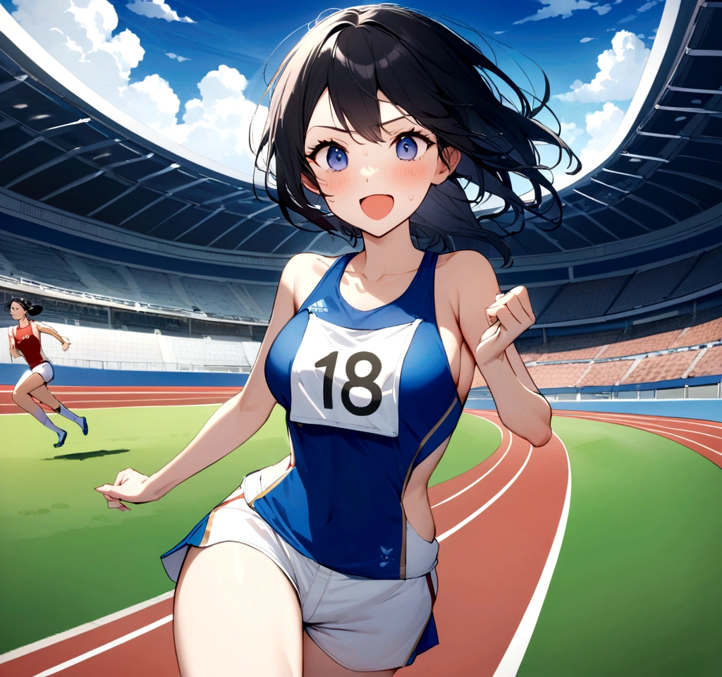 A Japanese woman with black hair and fair skin is running on the track at a stadium,A tense race,The following runners also catch up,Midsummer Day,There are cumulonimbus clouds,A scene that radiates the tension and excitement of a high-level competition in the world of athletics,Wearing a competition uniform and bib number,Capture a decisive moment from in front of the goal,White funiform and navy blue shorts,A large audience also watches,