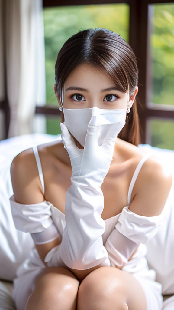 While sitting on the bed、Beautiful Japan woman in four dresses with white medical rubber gloves、Showing off beautiful hands wearing white medical rubber gloves