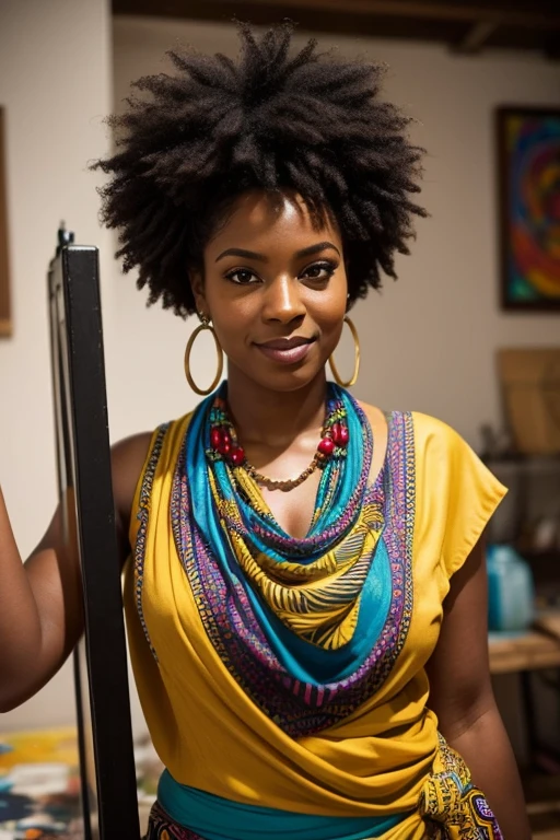 Generate an image of a 32-year-old African woman, artist. She has black skin, average height (1.67m), curvy body and curly, voluminous hair, usually loose, with brown eyes. Her personality is friendly, optimistic and creative, being the group's source of motivation. She wears typical African clothes, very colorful. She wears accessories like a colorful silk scarf, handmade bracelets and feather earrings, and carries a portable painting kit. Her motivations include seeking meaning and beauty in the world, seeing her mission as an opportunity to use her art to illuminate hidden secrets. Iris is essentially the creative and emotional force of the group, bringing a positive and unifying perspective. In her personal life, she is single, focused on her artistic career, with a circle of creative friends, and lives alone in a loft that serves as her studio. The image should portray you in your work environment, perhaps painting at an easel or sculpting a piece of art, reflecting your creativity and inspirational energy.