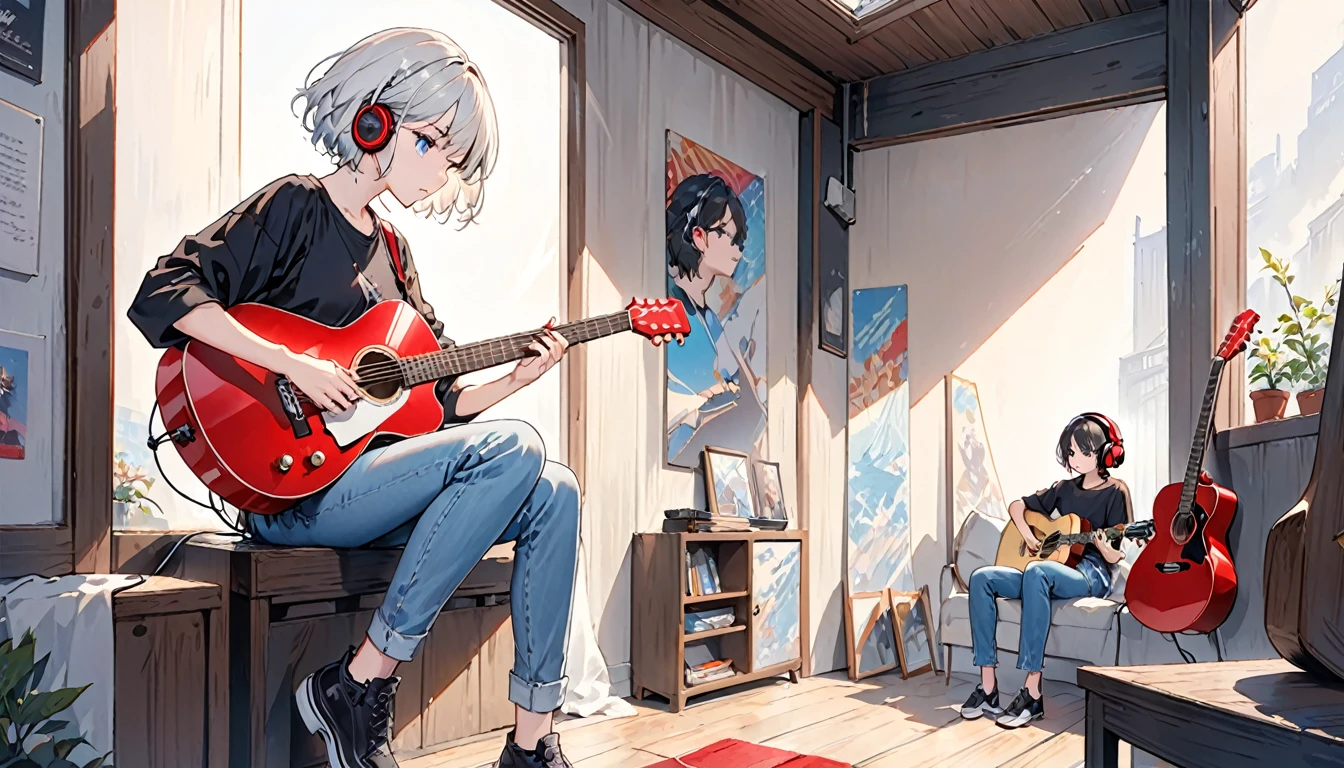 ((masterpiece、Highest quality)) One girl、alone、Black Skirt、Silver-white hair、blue eyes、エレキguitar、guitar、Headphones、lift、Thorn、musical instrument、Short Hair、music、From one side to the top、Red reflection black hair、playing the guitar、jeans、Black Shirt、Inside