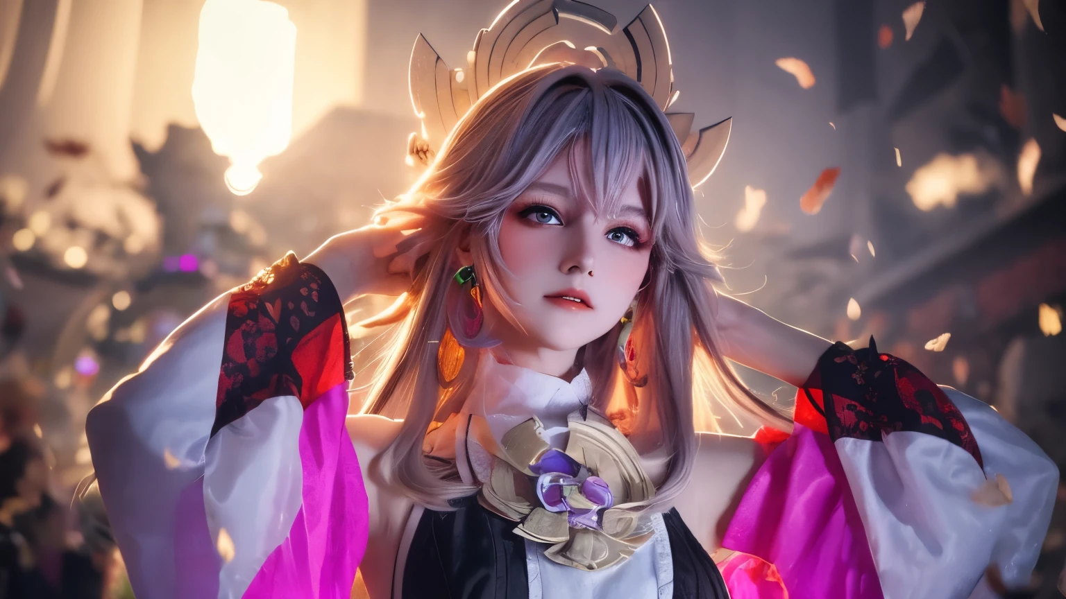 (One girl),Gothic,Twin tails,Gray Hair, Organza Lace,Gorgeous and elaborate clothes,Gothic, flight, green, (colorful), Bold, Gradient Blend, Motion Blur, Sparkling Texture, Dynamic configuration, Atmospheric perspective, Impressionist, , (masterpiece), (Highest quality), wonderful, (Beautiful attention to detail), (In detail), Depth of written boundary, Highly detailed CG, original, Highly detailed wallpaper, (Vibrant colors), Cinema Lighting,  (colorful), blush,