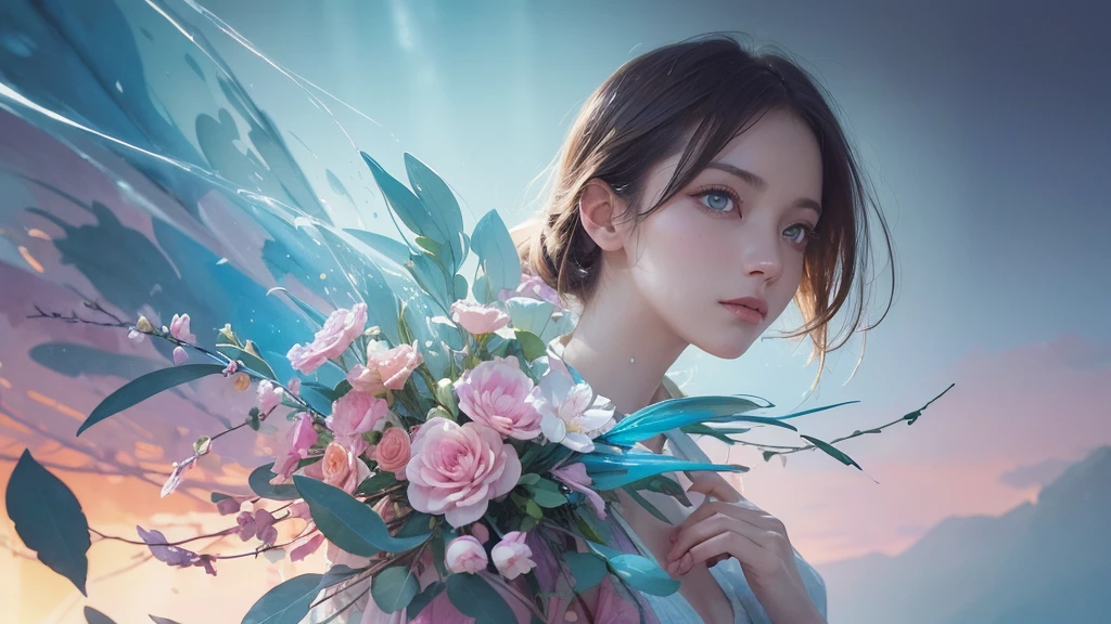 32k, Masterpiece, Highest quality, One girl, Detailed eyes, flower,Alstroemeria, Pink and light blue style,A dreamy, romantic piece,Pale yellow, Mysterious Leaves,A playful arrangement,Fantasy,High Contrast,Ink strokes,explosion,Exposure, Impression of pink and light blue tones,Abstract,((Watercolours by John Berkey and Jeremy Mann )) Brush strokes,Negative Space, Tyndall effect,