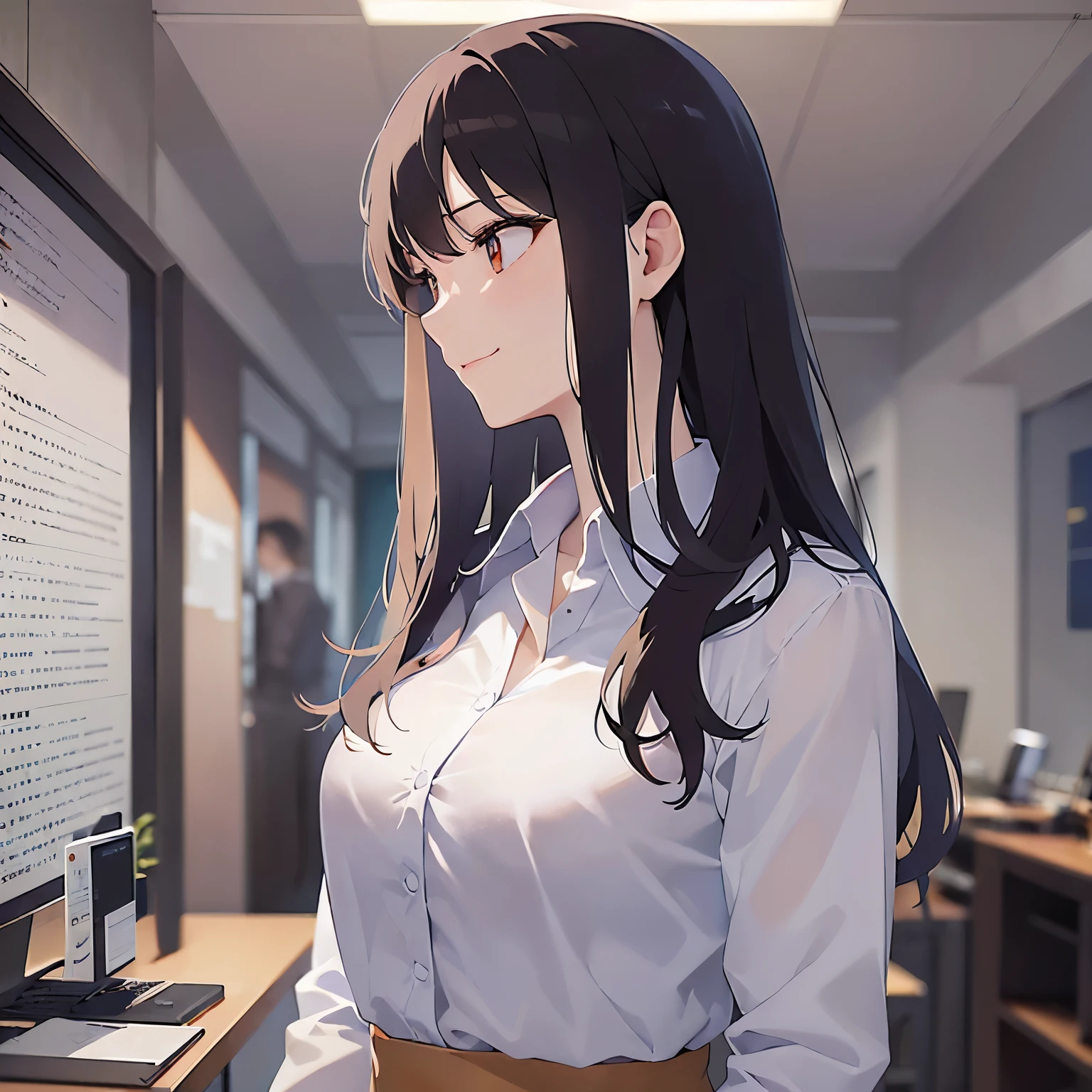 (looking away:1.5), Upper Body, Realistic, real person, (pale skin: 1.2), RAW photo, photorealistic, shiny skin, shiny hair、(A 25-year-old woman with medium-length hair and bangs) and (wavy hair) and (brown hair) and (Orange Eyes) , (business suit:1.5) and (white collared shirt) 、(smile:1.2), Background is an office room、Alone、Are standing