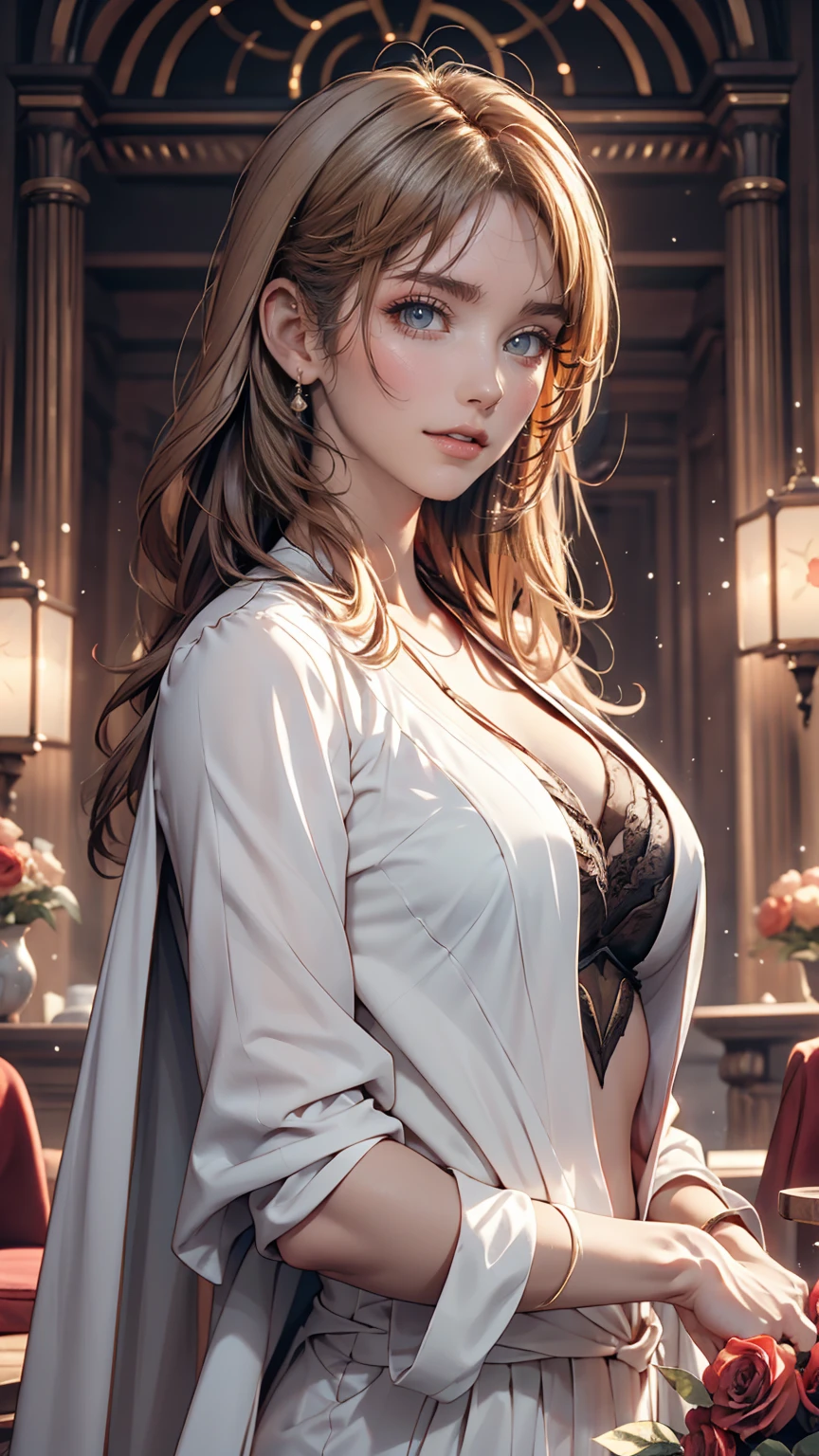 a woman in a bathrobe, bathrobe partially open revealing her undergarments, sitting on a bed, detailed facial features, beautiful eyes, beautiful lips, high quality, photorealistic, cinematic lighting, warm color tones, intricate details, masterpiece
