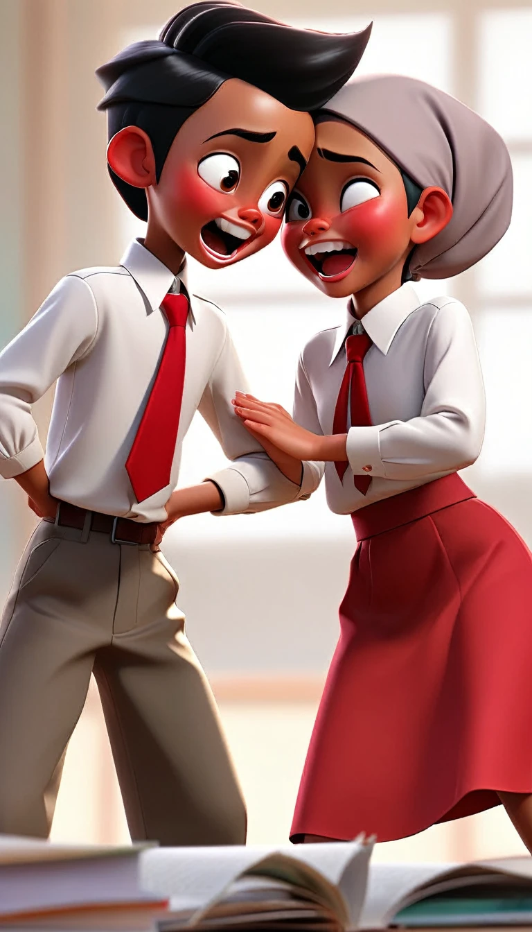 3d image of an Indonesian boy wearing a white shirt, red tie and red shorts who is trying to protect himself by puffing out his chest and hands, he is protecting a girl wearing a white hijab, white long-sleeved shirt and red skirt, feeling very scared, hiding behind his back, You can see hands pointing at them, in the background silhouettes of children pointing at them while laughing, classroom background