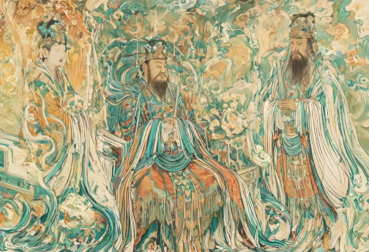Jade Emperor seated on a magnificent golden throne in the heavenly realm. dressed in ornate imperial robes with intricate golden embroidery and a regal crown adorned with precious jewels. . The Jade Emperor exudes an aura of divine authority and wisdom as he looks down with kind, knowing eyes. A humble young farmer in simple clothing stands respectfully before the throne, looking up in awe. Surround them with floating lanterns, mythical creatures like dragons and phoenixes, and vibrant celestial flora under a soft, golden light, symbolizing the sacred nature of the encounter.