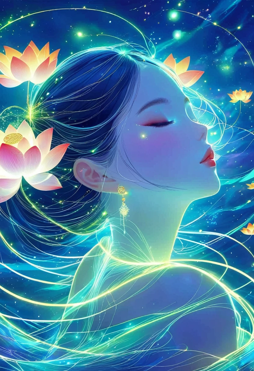 (masterpiece, best quality:1.2), digital art style, charming illustration,Peace pictures，1 girl, Wearing lotus on head，alone，body glow，glowing line，fluorescence,Luminous example，Tracking example，flash，萤light particles，backlight，translucent，light particles，correct human ，
