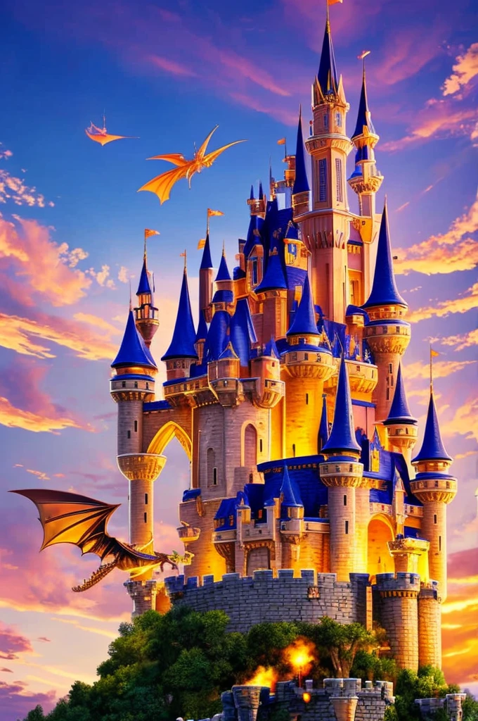fantasy castle with a flying dragon