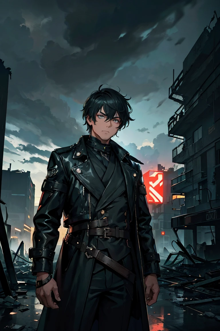 (((Submersion))), (((ruins))), Super high quality, 8K,Attractive man,Glitch Wave Style,Lolafont,Standing in an apocalyptic wilderness, Gunman, Bounty Hunter, Detailed face and jawline, Strong Eyes, Rugged appearance, Wearing a worn trench coat, He owns a vintage revolver, Surrounded by crumbling buildings and ruins, Dust and debris in the air, Stormy sky filled with dark clouds and lightning, Dramatic lighting casts shadows on his face, A sense of mystery and danger in the air, Added cyberpunk elements, Vibrant, saturated colors that enhance the futuristic feel, High-resolution detail capturing every wrinkle and texture of the man's clothing and environment, Create visually striking masterpieces.