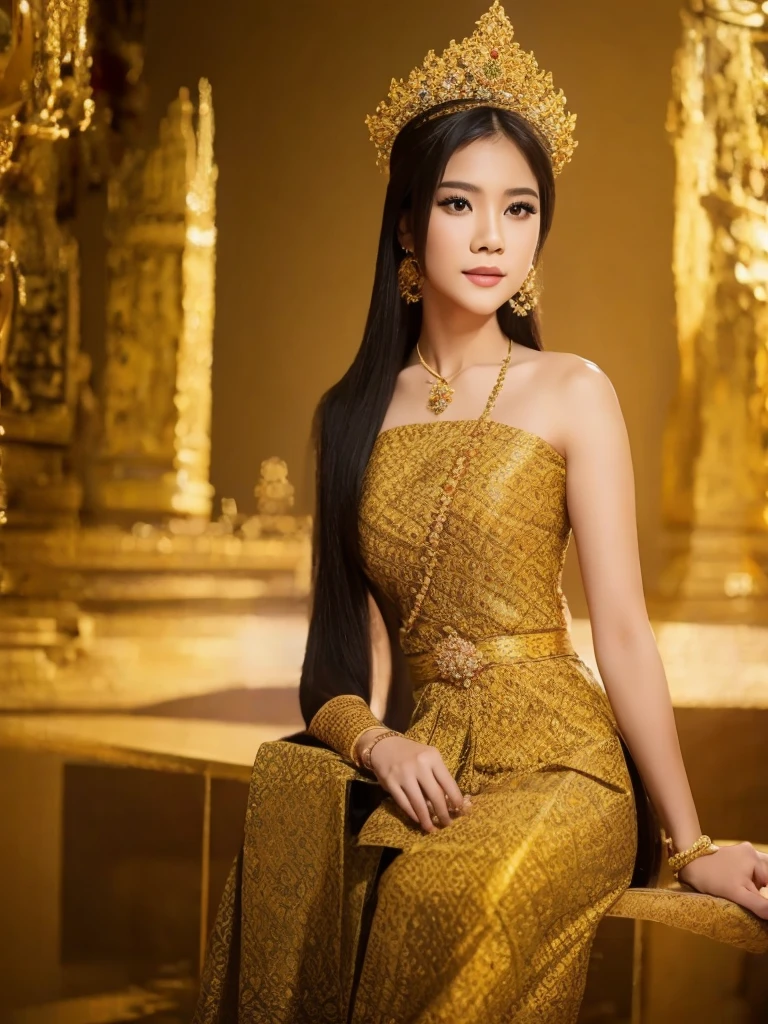 (masterpiece, best quality:1.2), 1girl, solo,thai girl.thai dress,dress,ผ้าสีน้ำตาลลวดลายสวยแบบไทย.