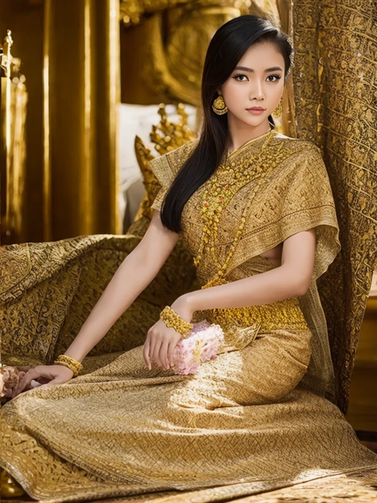 (masterpiece, best quality:1.2), 1girl, solo,thai girl.thai dress,dress,ผ้าสีน้ำตาลลวดลายสวยแบบไทย.