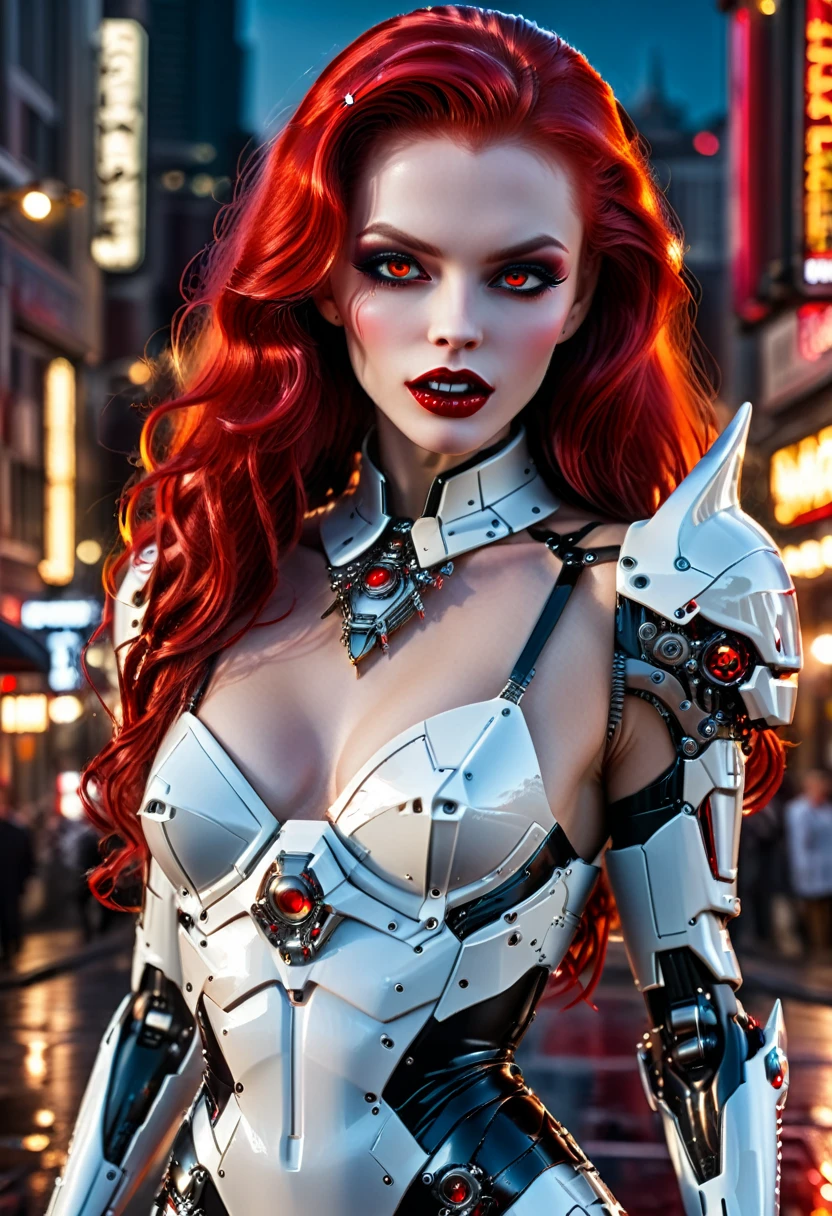 ((a photorealistic glamour shot of an exquisite, glamour mecha female vampire: 1.5)), ((full body: 1.3)), ultra feminine, pale face, red hair, long vibrant shiny hair, glamorous hair,  red eyes, miniatures mechanical , deep penetrating eyes, red lips, lustful lips, ((two visible vampiric fangs: 1.5), drops of blood dripping from the mouth, ((1950's style: 1.5)), she wears white elegant glamour dress, with small delicate mechanical, parts, digital parts,  intricate details, the dress is studded with diamonds, tight suit, dynamic color, high heels, cyberpunk street at night background, (highest quality:1.2, Very detailed, up to date, Vibrant, Ultra-high resolution, High Contrast, masterpiece:1.2, highest quality, Best aesthetics), best details, best quality, highres, ultra wide angle, 16k, [ultra detailed], masterpiece, best quality, (extremely detailed), Genetically modified..., Cinematic Hollywood Film, 