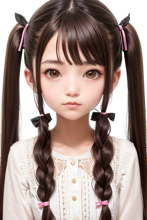 Brown hair girl, portrait, 2 pigtails with 2 ribbons on the pigtails, long and curly hair, with black blouse