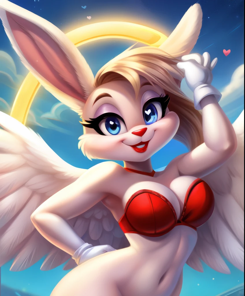A female guardian angel rabbit, halo, white soft feathered long wings, rabbit ears, red lipstick, heart shaped strapless bra, , white long gloves, tiny toons style, looking at you