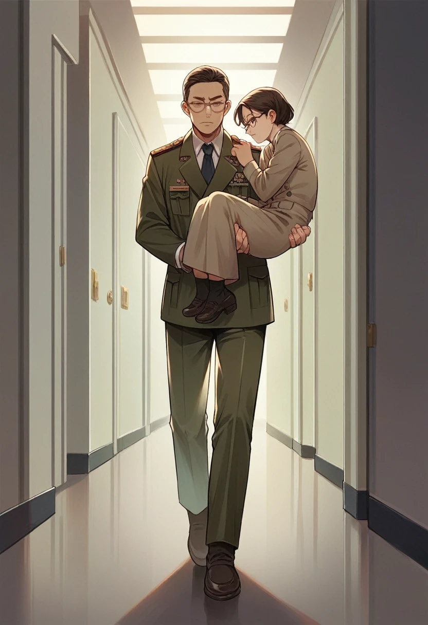 A woman with military rank, young, 24 years old, high authority, wearing a brown military office suit, carrying documents in her hand, wearing glasses, her face is beautiful, her expression is serious, walking in the hallway.