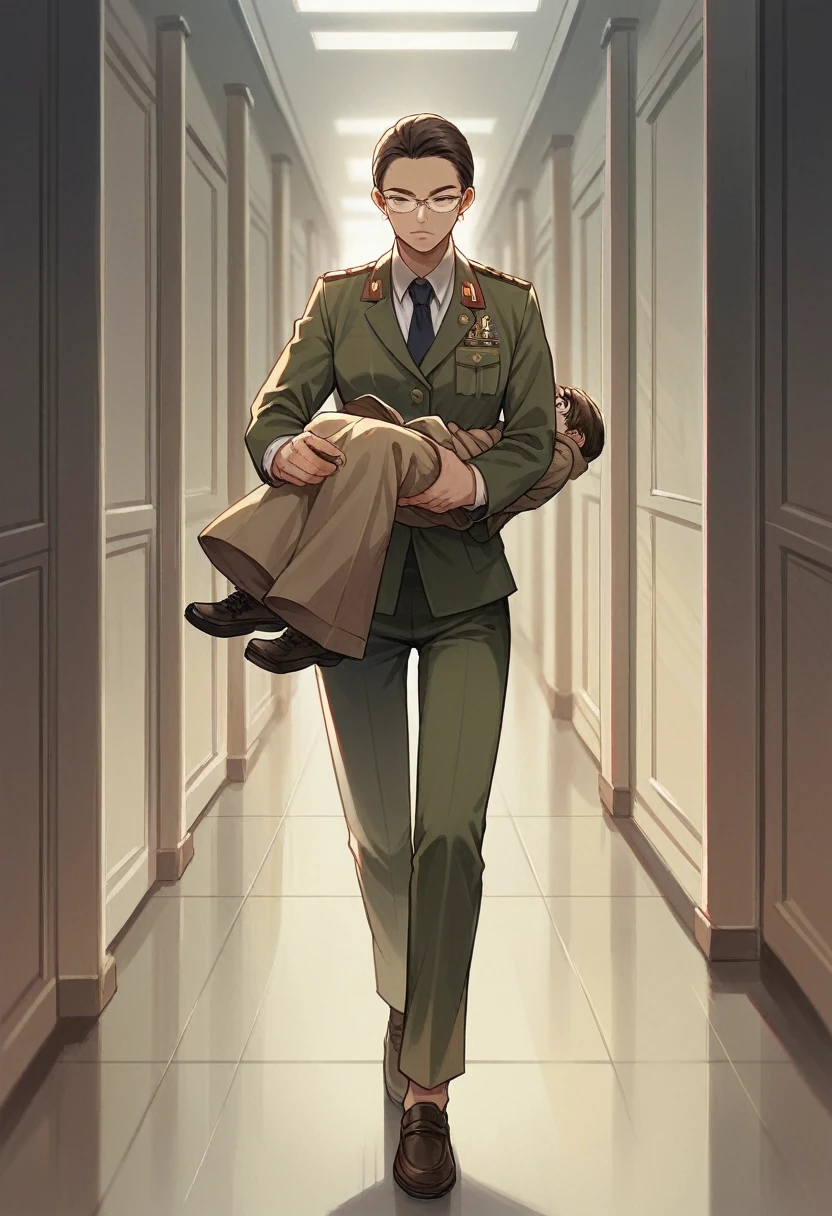 A woman with military rank, young, 24 years old, high authority, wearing a brown military office suit, carrying documents in her hand, wearing glasses, her face is beautiful, her expression is serious, walking in the hallway.